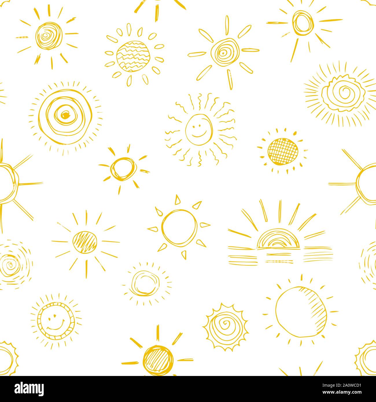 Modello senza giunture di sun simboli disegnati a mano in stile cartoon. Illustrazione Vettoriale isolate di sole icone su uno sfondo bianco. Illustrazione Vettoriale