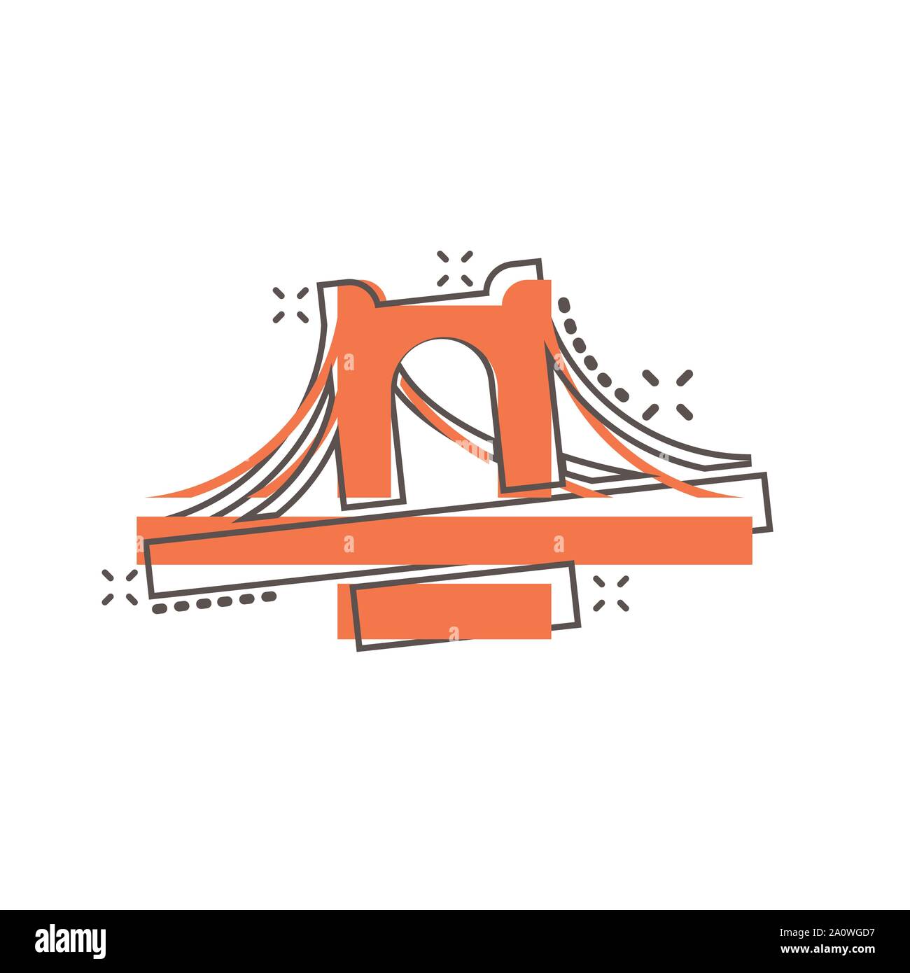 Ponte icona segno in stile fumetto. Vettore di ponte levatoio cartoon illustrazione in bianco sullo sfondo isolato. Road business concetto effetto splash. Illustrazione Vettoriale