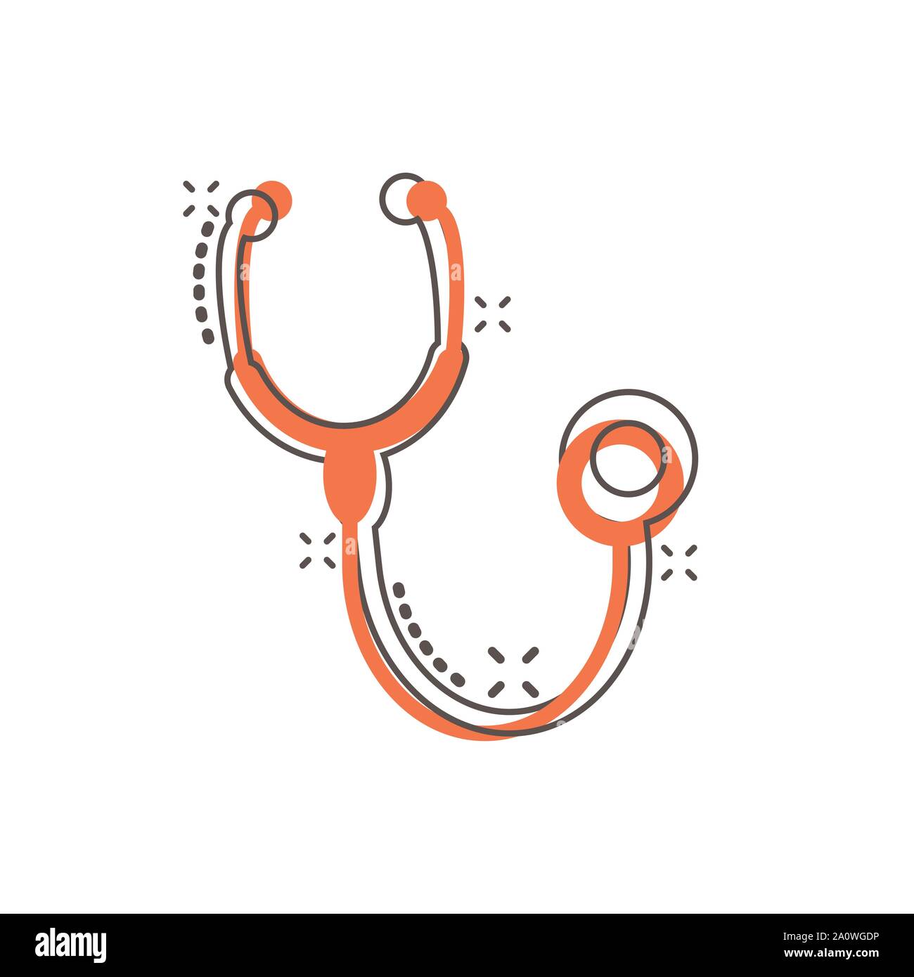Segno di uno stetoscopio icona in stile fumetto. Medico medico cartoon vettore illustrazione in bianco sullo sfondo isolato. Azienda Ospedaliera concetto effetto splash Illustrazione Vettoriale