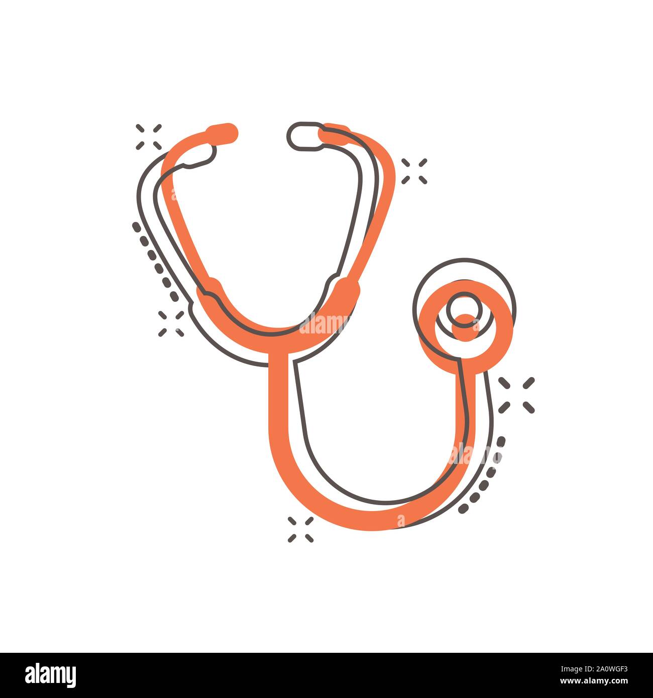 Segno di uno stetoscopio icona in stile fumetto. Medico medico cartoon vettore illustrazione in bianco sullo sfondo isolato. Azienda Ospedaliera concetto effetto splash Illustrazione Vettoriale