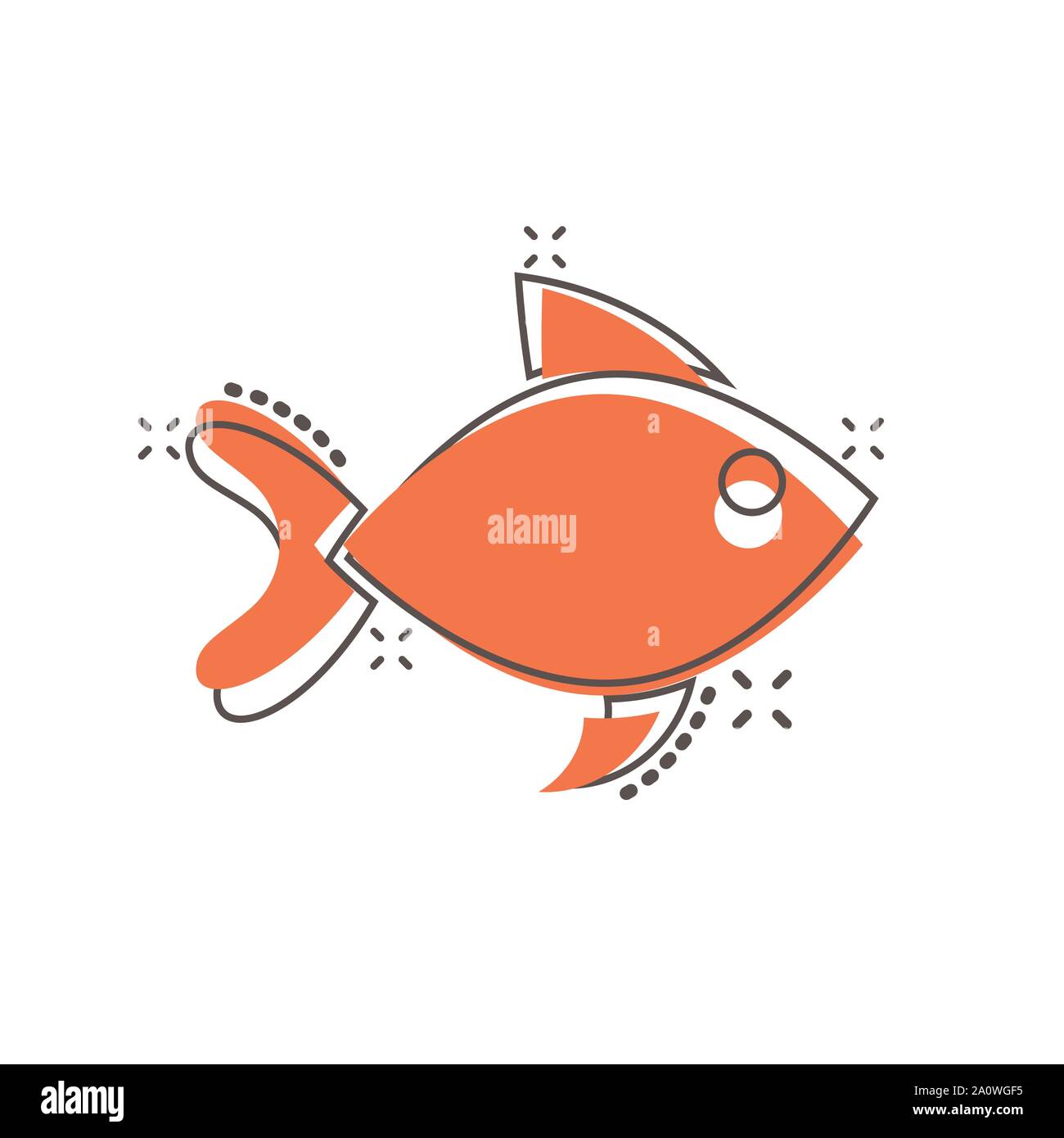 Segno di pesce icona in stile fumetto. Goldfish vettore illustrazione cartoon bianco su sfondo isolato. Frutti di mare il concetto di business effetto splash. Illustrazione Vettoriale