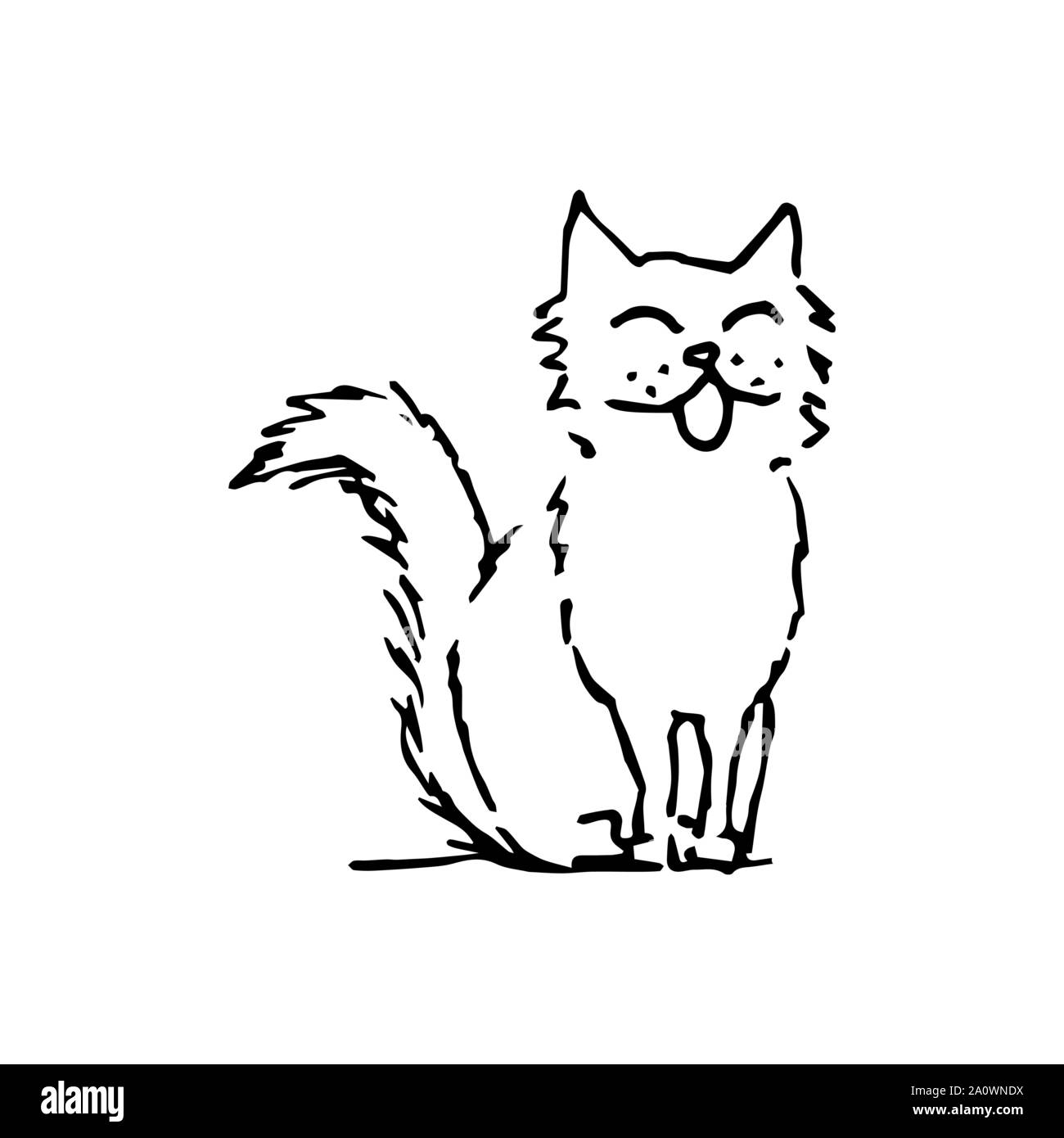 Gatto sorridente, cantando e seduta. Contorno nero su sfondo bianco. Immagine può essere utilizzato in biglietti di auguri, poster, volantini, banner, logo, ulteriore disegno etc. Illustrazione Vettoriale. EPS10 Illustrazione Vettoriale