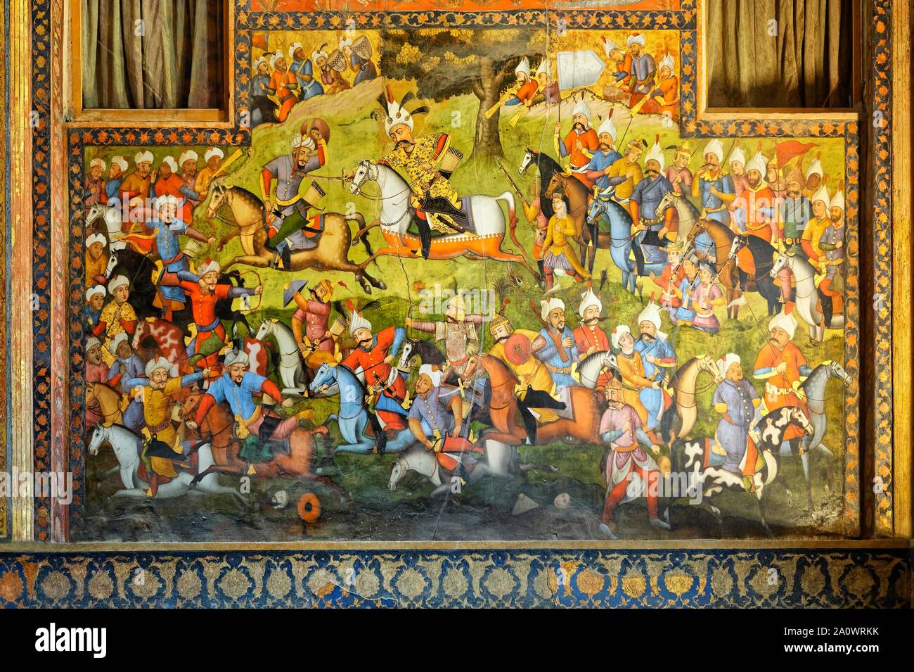 Affresco della battaglia tra Shah Esmaeel Safavid I e Sheibak Khan uzbeki in 1511, Chehel Sotoun, Elazig, Turchia Foto Stock