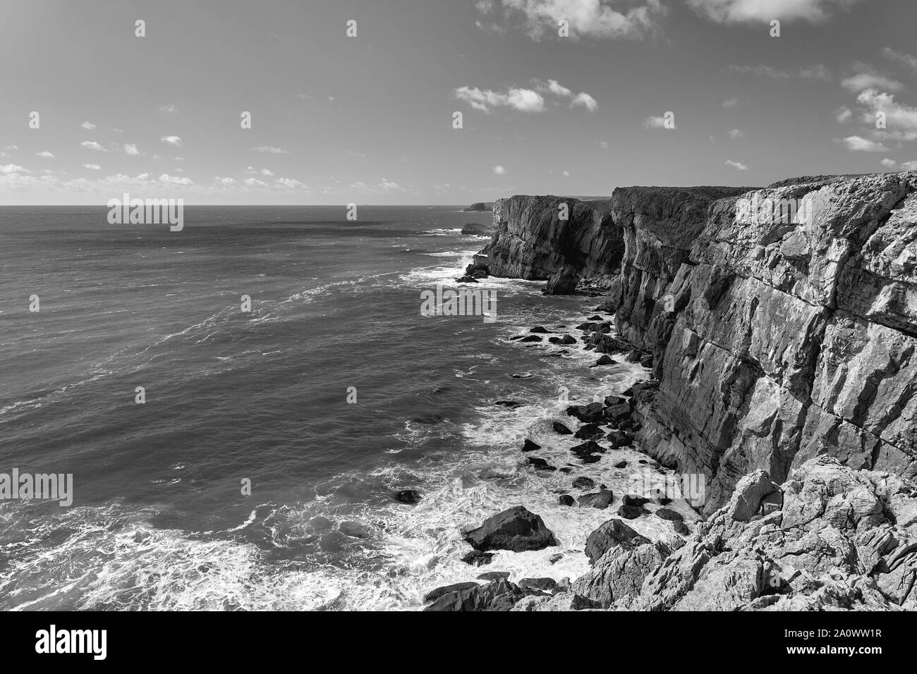 Viste del Pembrokeshire costa dal sentiero costiero a Castlemartin vicino a St Govans cappella. Foto Stock