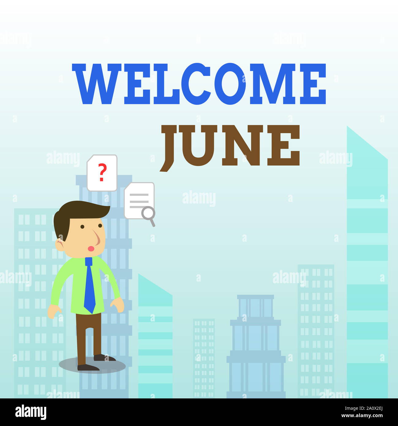 La scrittura della nota mostra Benvenuti giugno. Il concetto di business per calendario sesto mese secondo trimestre trenta giorni saluti giovane imprenditore maschio lavoratore cerca Foto Stock