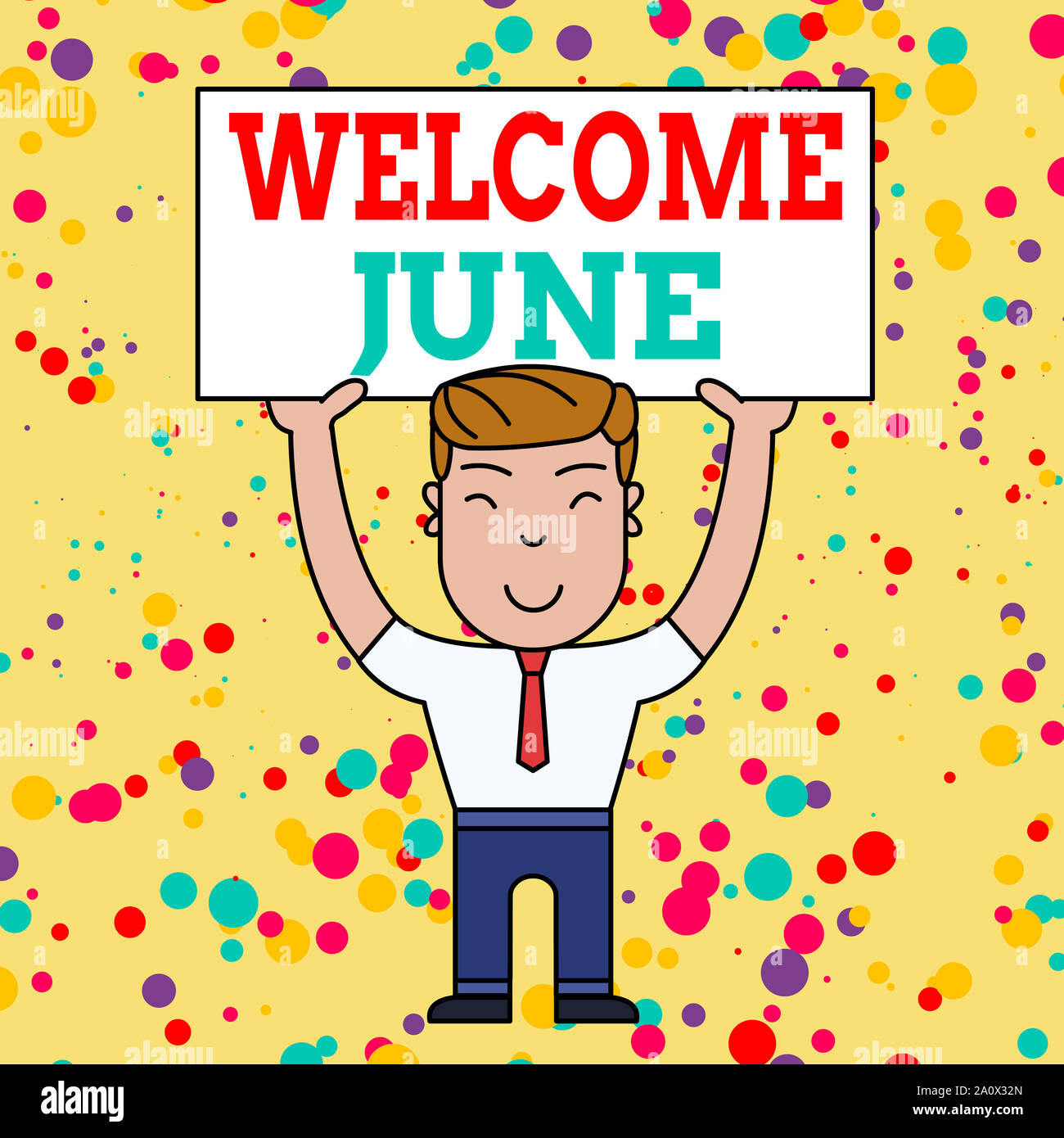 La scrittura della nota mostra Benvenuti giugno. Il concetto di business per calendario sesto mese secondo trimestre trenta giorni saluti Uomo sorridente in piedi tenendo Big Emp Foto Stock