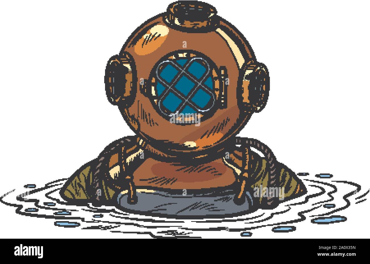 Retrò deep sea diver in metallo casco. isolare su sfondo bianco. La Pop art illustrazione vettoriale disegno Illustrazione Vettoriale