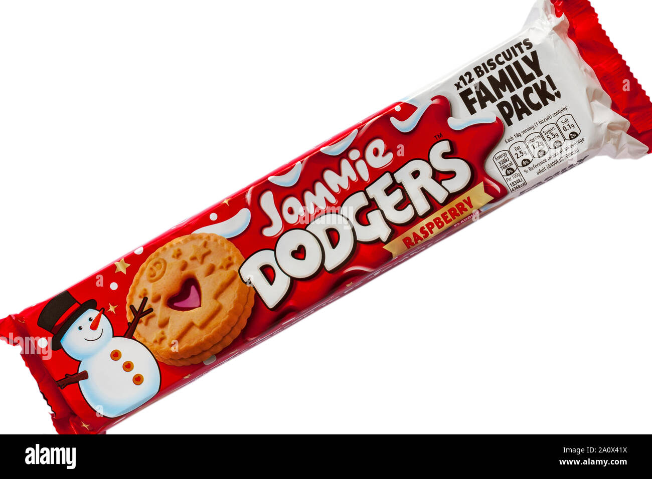 Pacchetto di Jammie Dodgers aroma di lampone tis la stagione per essere jammie family pack impostato su sfondo bianco Foto Stock