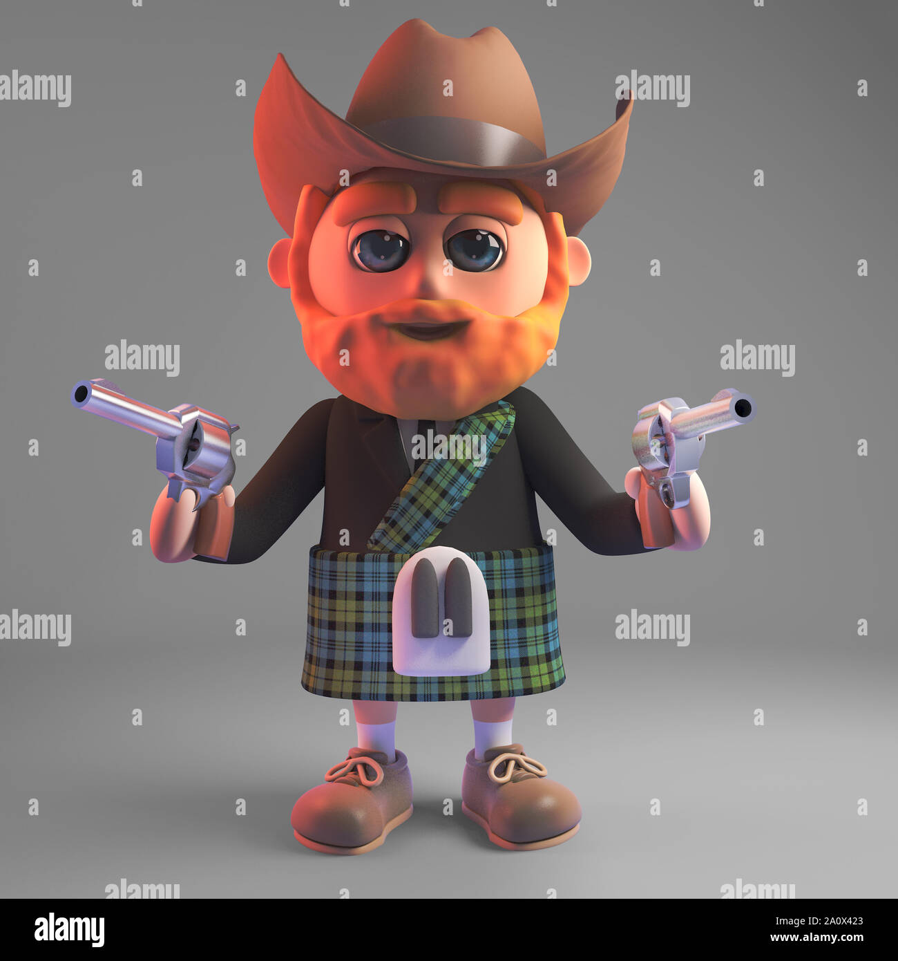 3D fumetto uomo scozzese in kilt indossando un cappello da cowboy e che puntano a due pistole, 3D render illustrazione Foto Stock