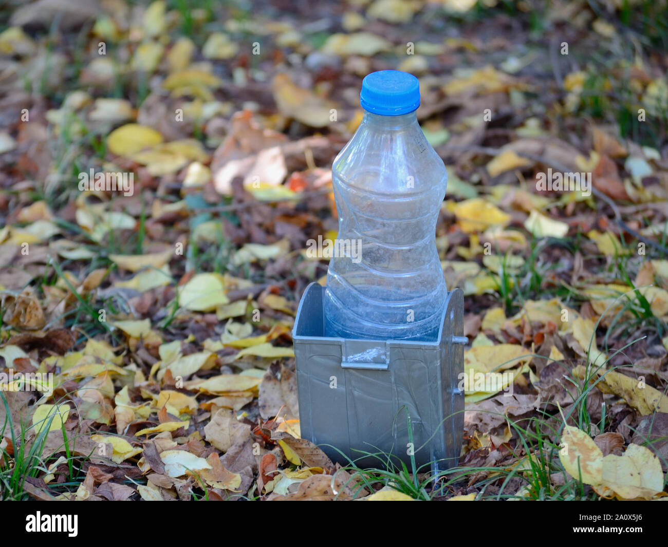 La bottiglia di plastica nel cestino della spazzatura Foto Stock