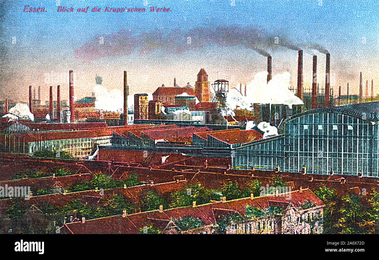 FRIEDRICH KRUPP AG fabbriche a Essen, in Germania, su una cartolina 1905. Nota per l'edilizia sociale in primo piano fornite dalla società sotto Alfred Krupp. Foto Stock