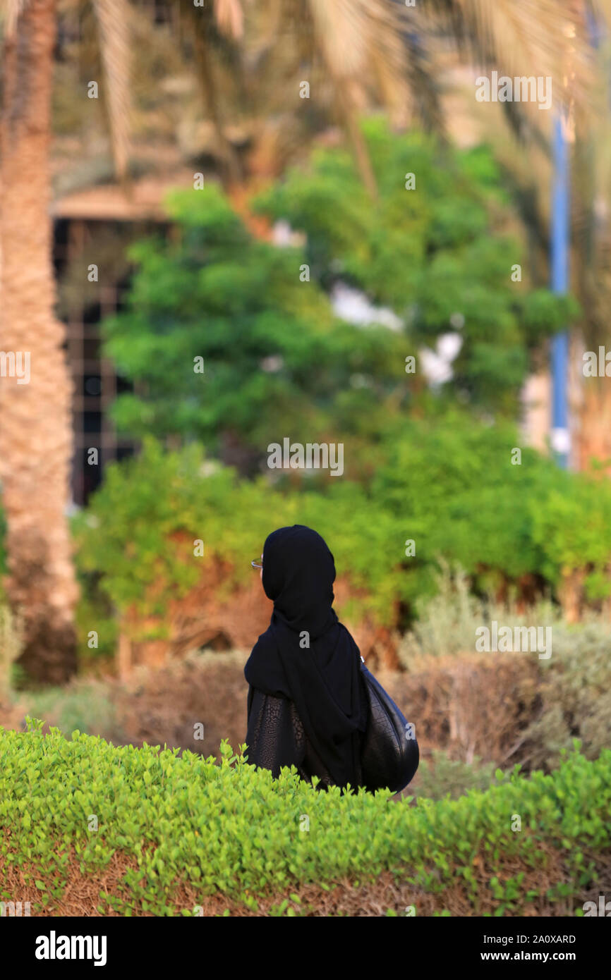 Femme musulmane de dos se promenant dans un parc. Abou Dhabi. Emirati Arabi Unis. / donna musulmana che cammina in un parco pubblico. Emirato di Abu Dhabi. Foto Stock