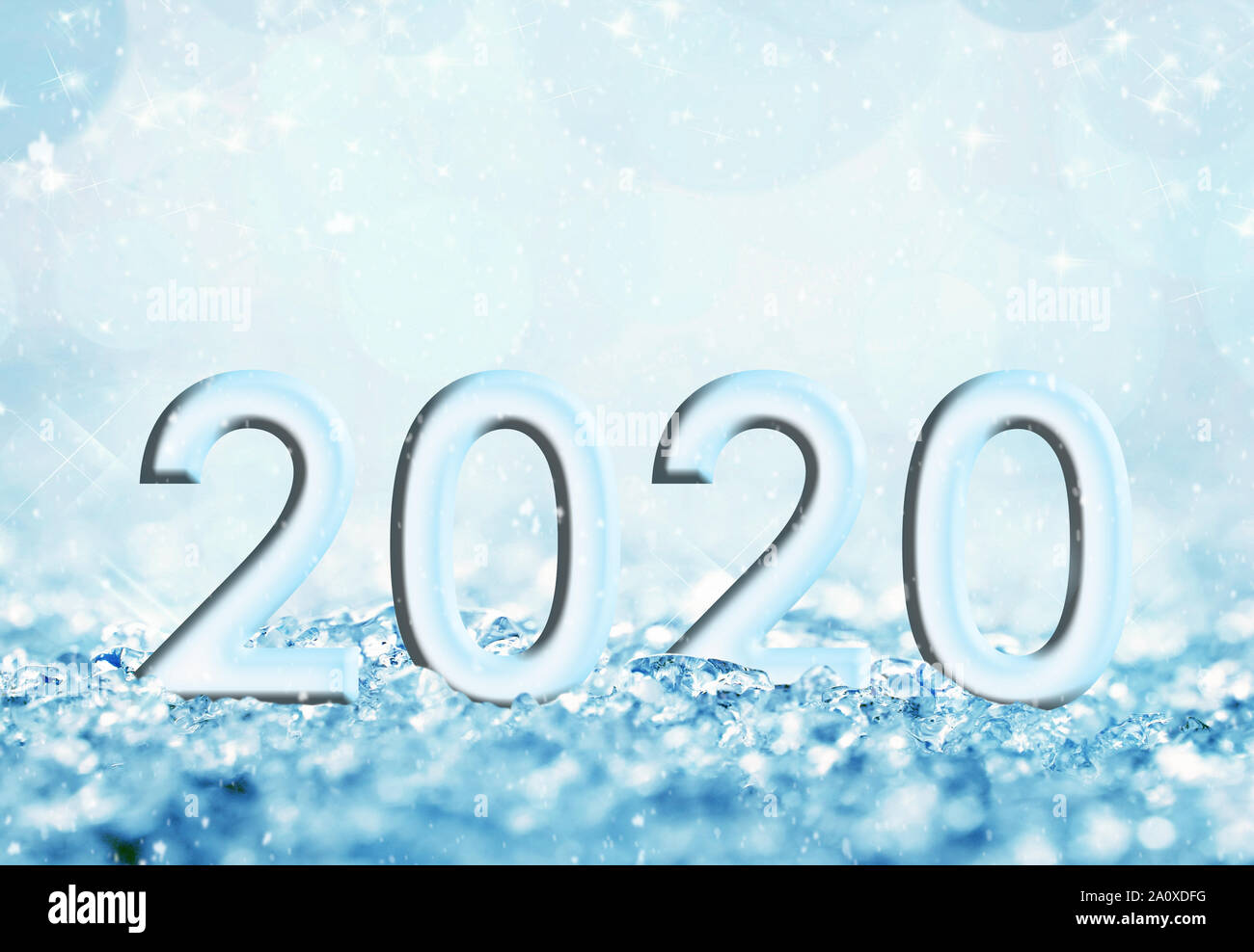 2020 felice anno nuovo card, la neve e il bokeh di fondo blu vacanze di Natale sfondo Foto Stock