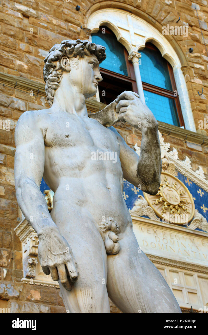 Copia del Michelangelo della statua del David in Piazza della Signoria, Firenze, Italia Foto Stock
