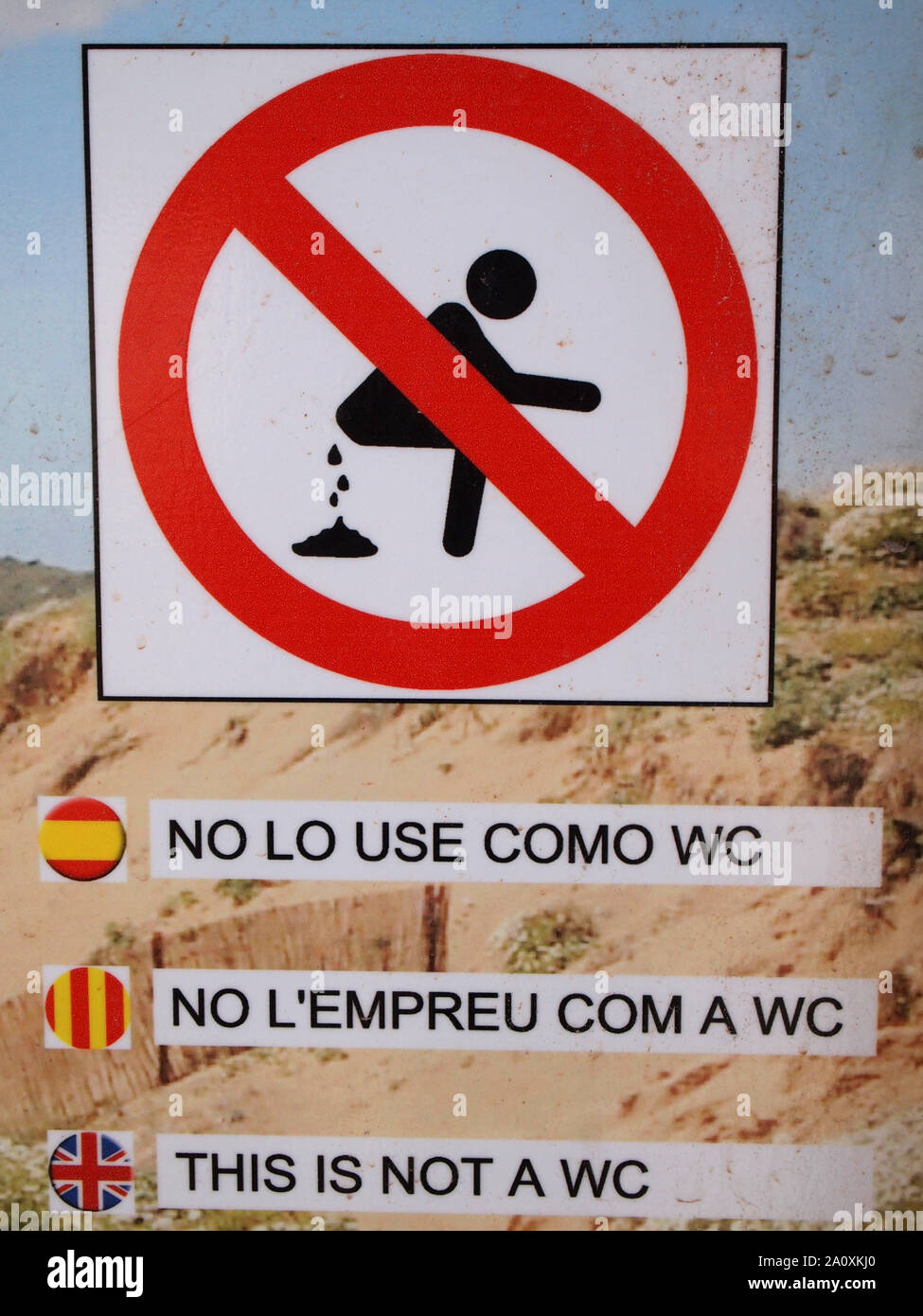Divertente segno sulla spiaggia, Cala'n Bosch, vietando pooing Foto Stock