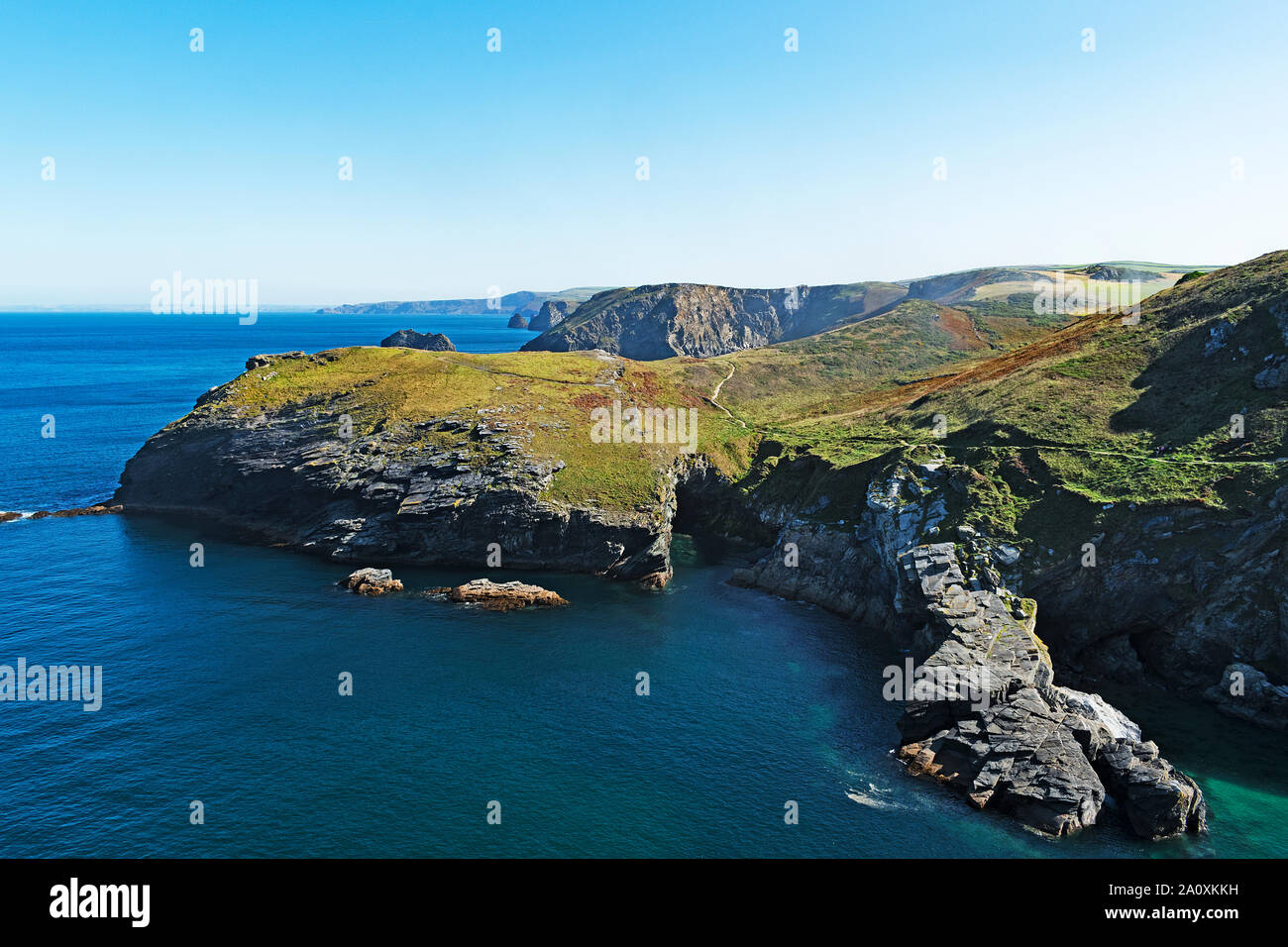 Vista costiera a tintagel in Cornovaglia, Inghilterra, Regno Unito. Foto Stock