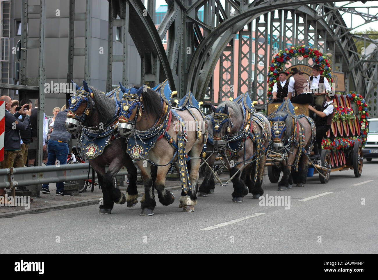 Traffico di cavalli e carri con cavalli a sangue freddo della birreria, trasporto di barili di birra. Sangue freddo imbrigliato. Foto Stock