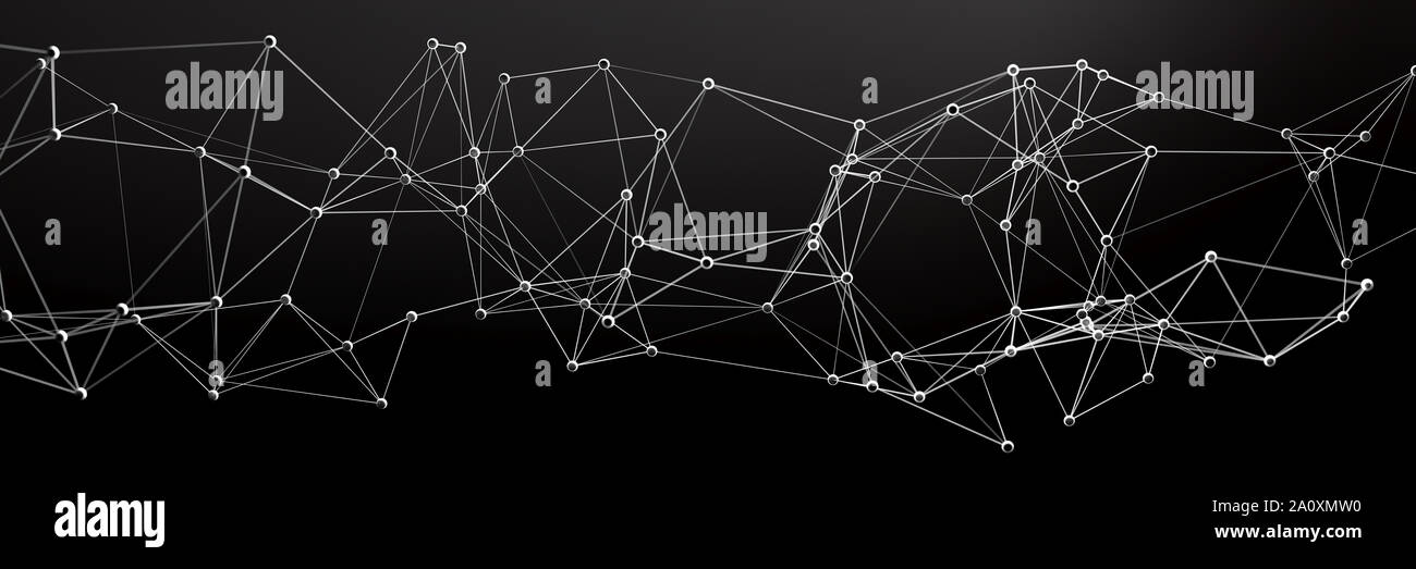 Rete di comunicazione globale, business, tecnologia concetto, nero sfondo astratto, banner. 3d illustrazione Foto Stock