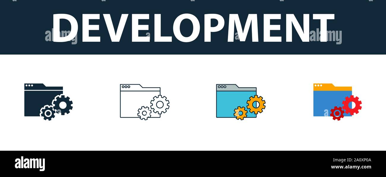 Icona di sviluppo impostato. Quattro simboli semplici in diversi stili da sviluppo web raccolta di icone. Sviluppo Creativo icone riempito, contorno Illustrazione Vettoriale