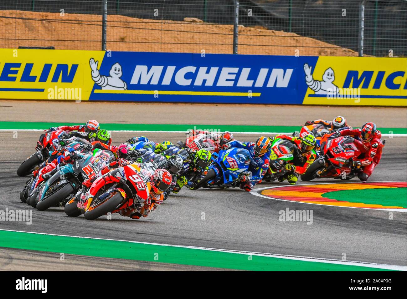 Racestart durante il moto GP Gara di Aragon Grand Prix al Motorland Aragon pista di Alcaniz in Spagna su Settembre 22, 2019 (Foto: Alvaro Sanchez) Cordon premere Foto Stock