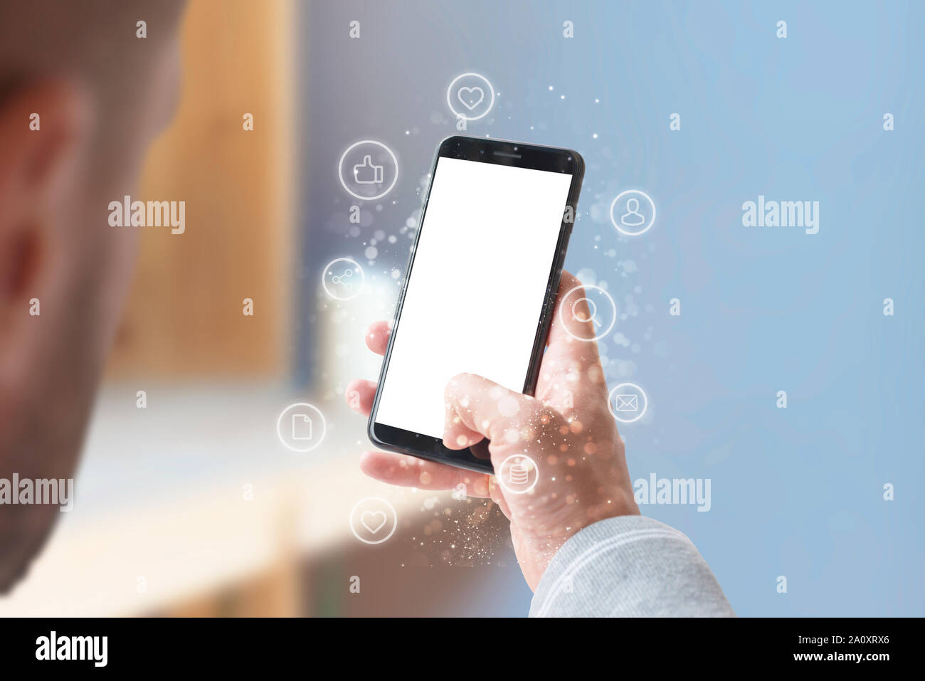 Telefono mockup con internet delle cose il concetto di icone. Schermo isolato per app design presentazione. Close-up. Foto Stock