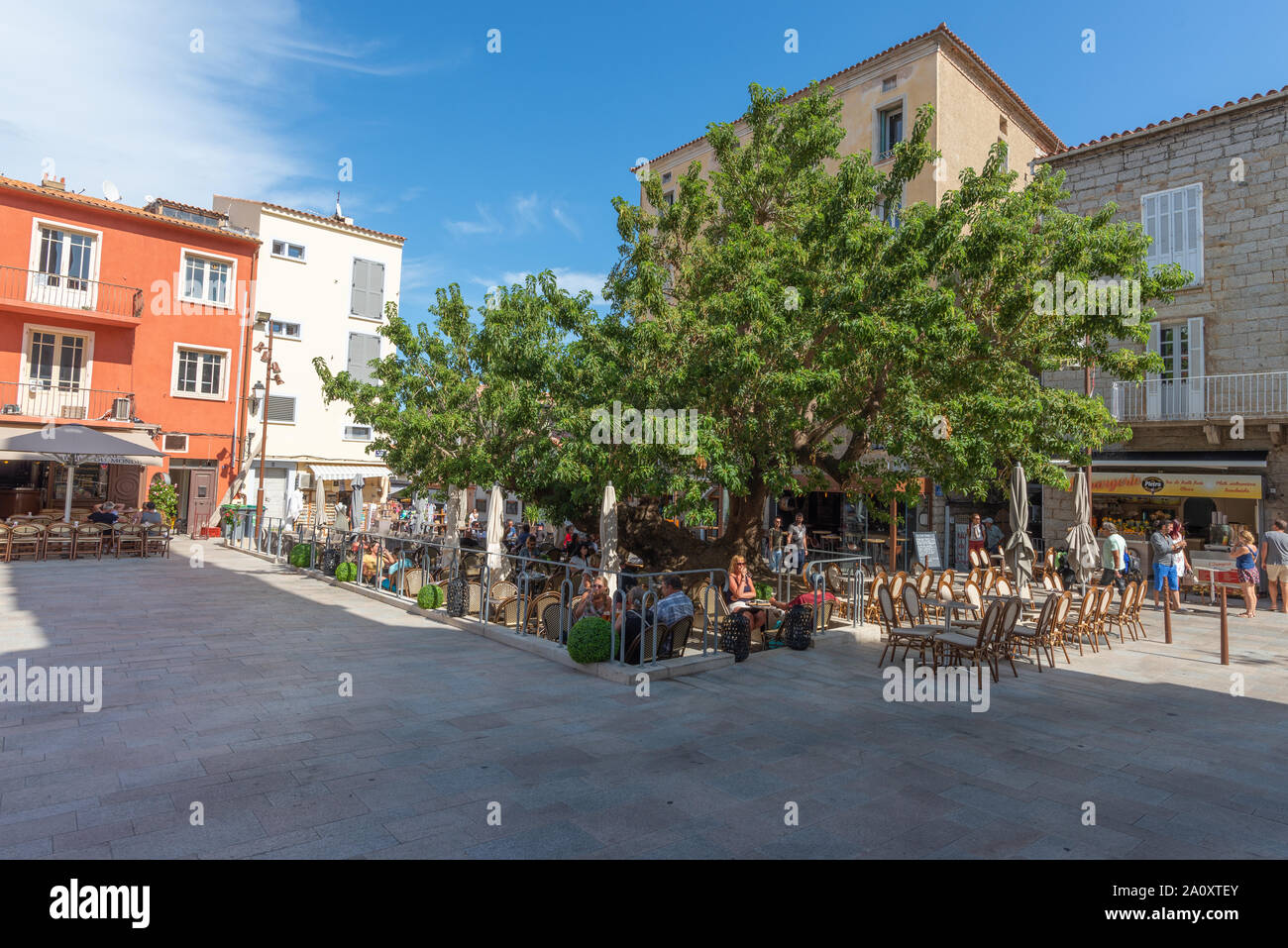 Porto-Vecchio, Corsica, Francia - Sep 20, 2019: un vecchio albero tabelle di ombreggiatura sulla trafficata piazza principale della città vecchia. Prese durante un pomeriggio d'estate. Foto Stock