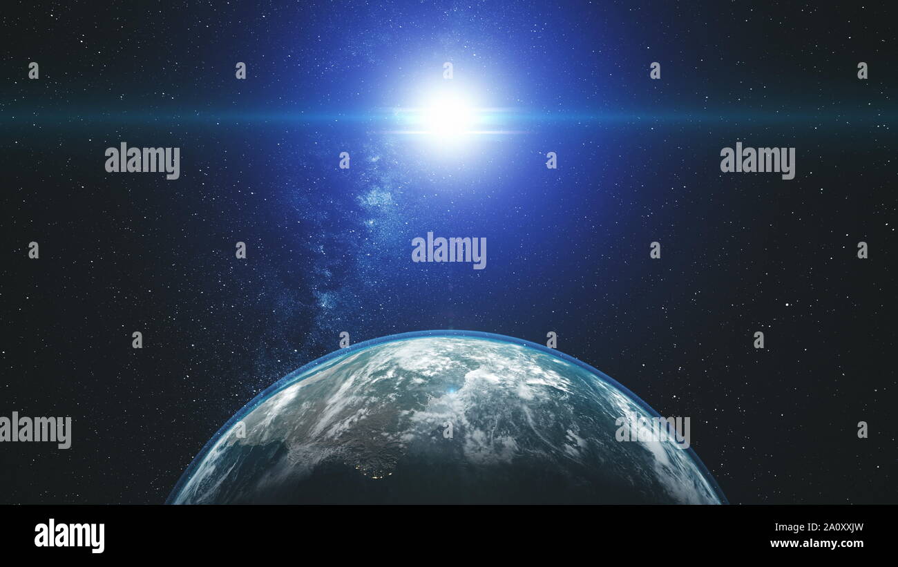 Majestic ruotare in orbita terrestre bagliore di luce del sole di Galaxy. Cosmo interstellari Stella nebulosa Radiance Spin pianeta vicino la vista satellitare spazio esterno animazione 3D Foto Stock
