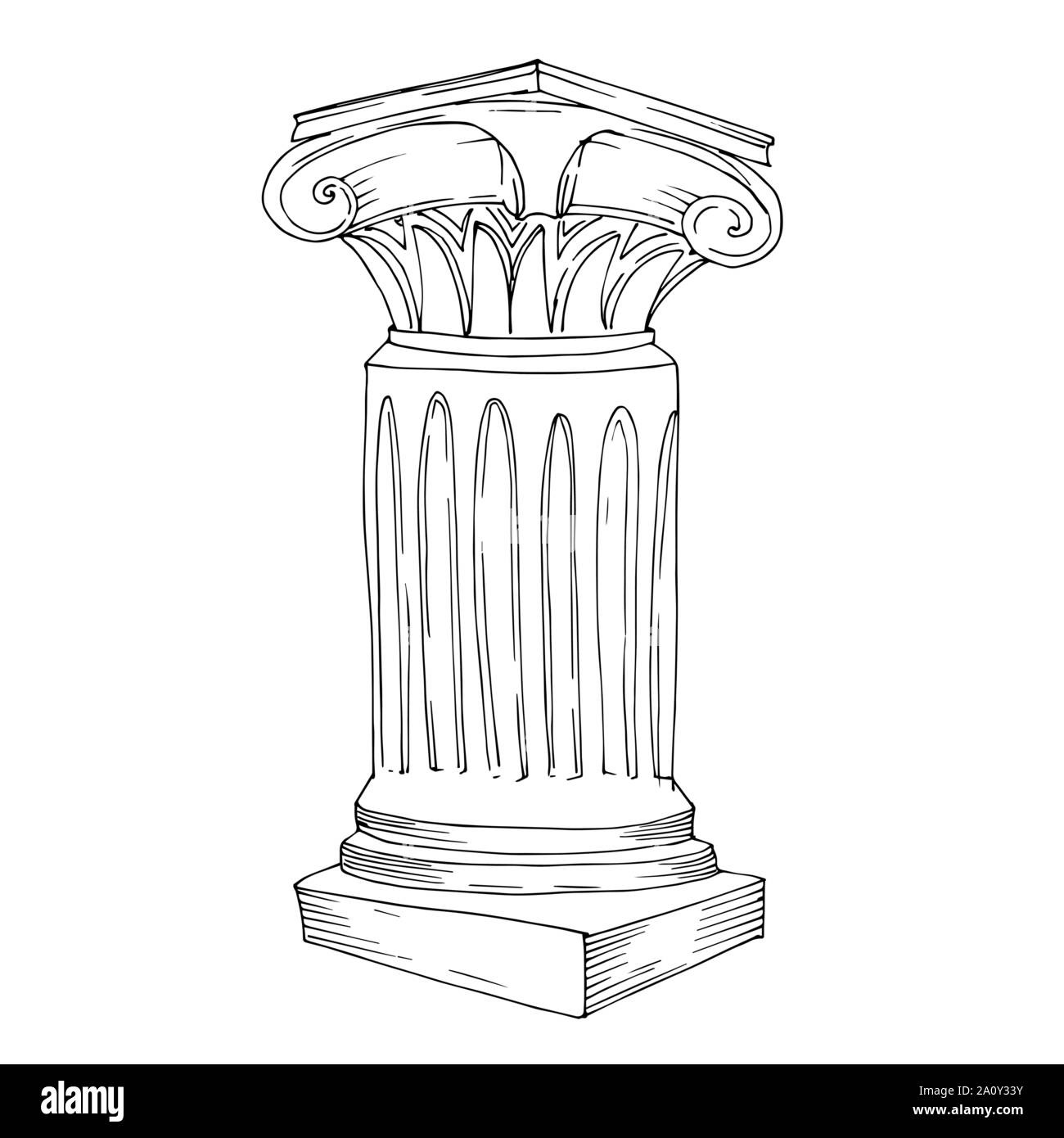 Vettore greco antico colonne. Bianco e nero inchiostro inciso art. Isolato antica illustrazione elemento su sfondo bianco. Illustrazione Vettoriale