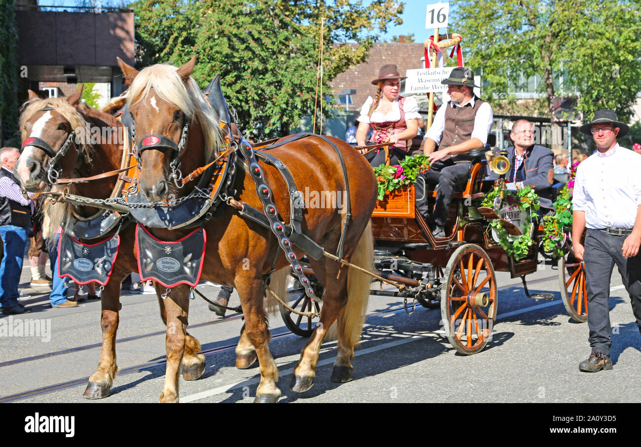 Stoccarda, Germany-September 30, 2018: Festa della birra, festoso corteo con i cavalli Foto Stock