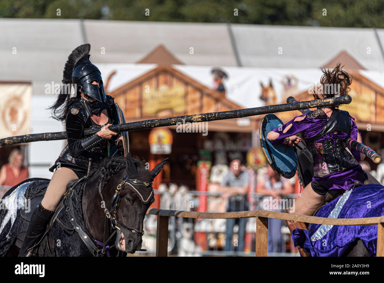 Equestrienne mostra bravata display a cavallo presso il National Paese mostrano Live a Hylands Park, Chelmsford Essex, Regno Unito. Giostre. Horse event team Foto Stock