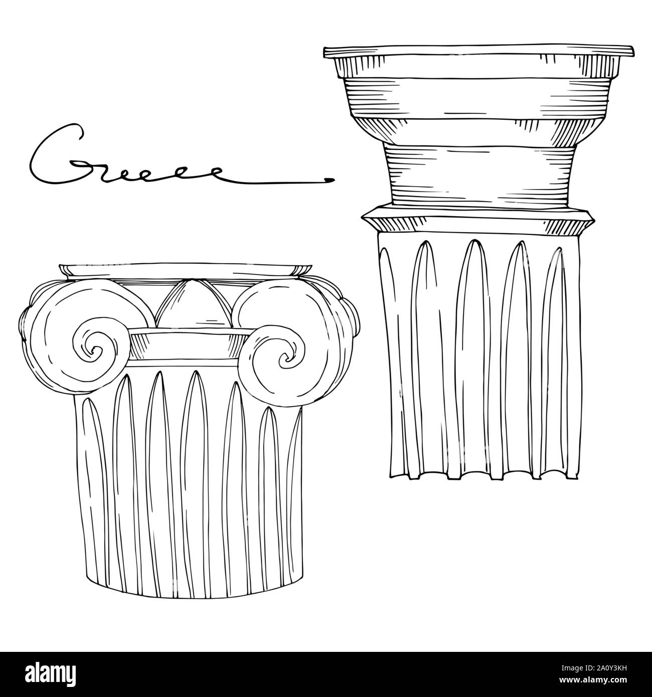 Vettore greco antico colonne. Bianco e nero inchiostro inciso art. Isolato antica illustrazione elemento su sfondo bianco. Illustrazione Vettoriale