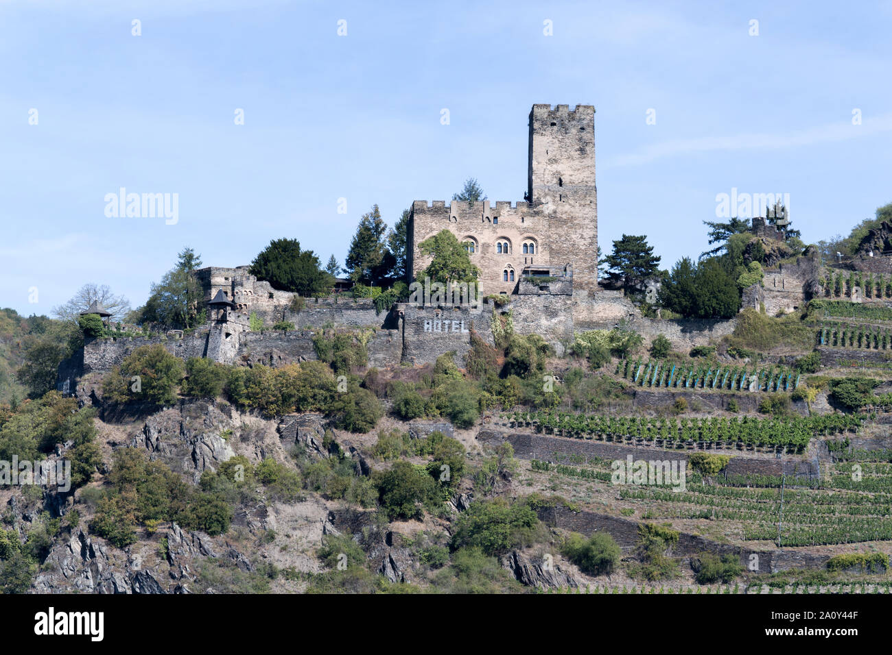 Il castello di Gutenfels, noto anche come Castello Caub, è un castello 110m sopra la città di Kaub Renania-Palatinato, Germania. Foto Stock