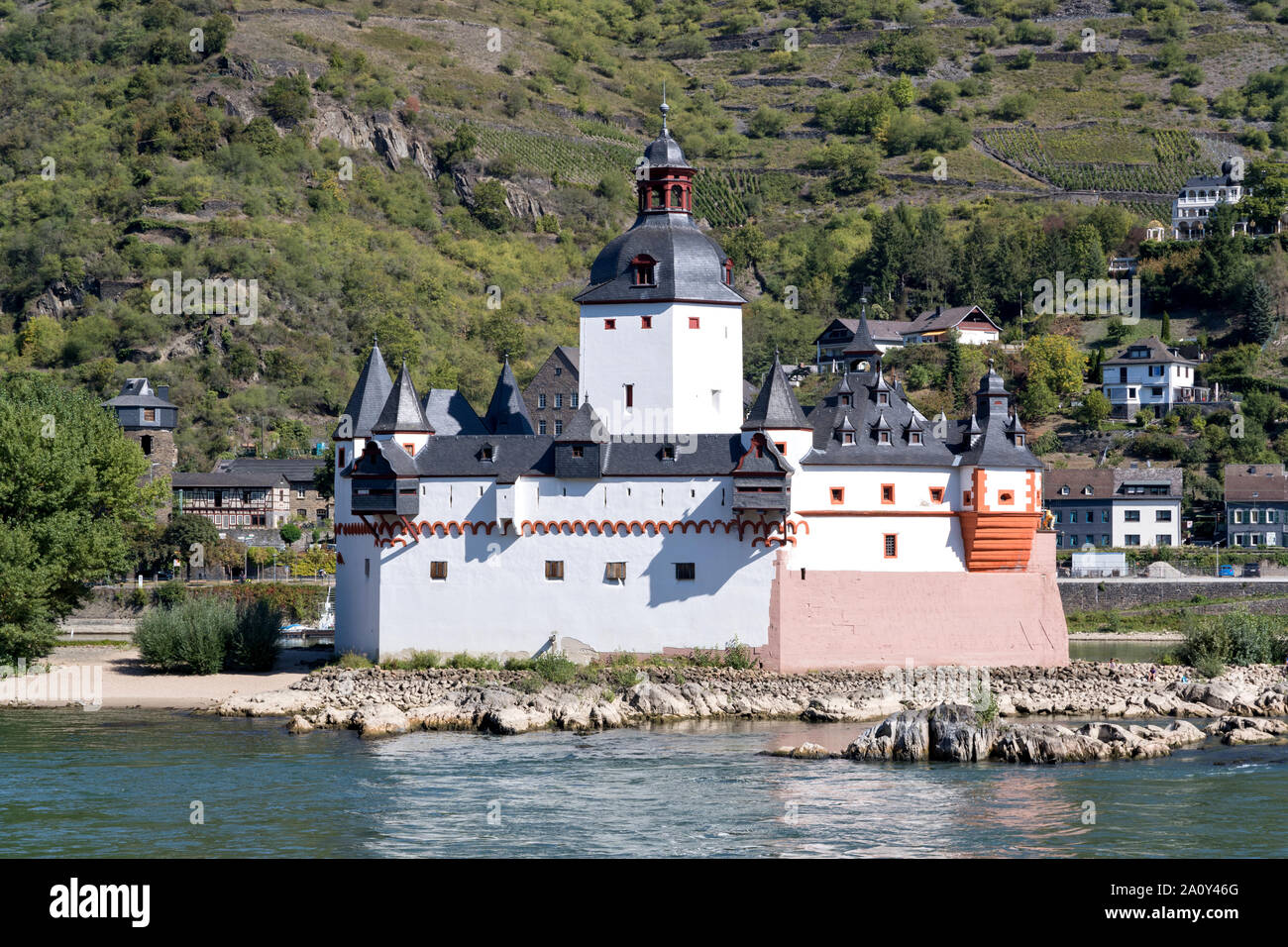 Il castello Pfalzgrafenstein, un pedaggio castello sull'isola Falkenau, altrimenti noto come Pfalz isola del fiume Reno vicino a Kaub, Germania. Foto Stock