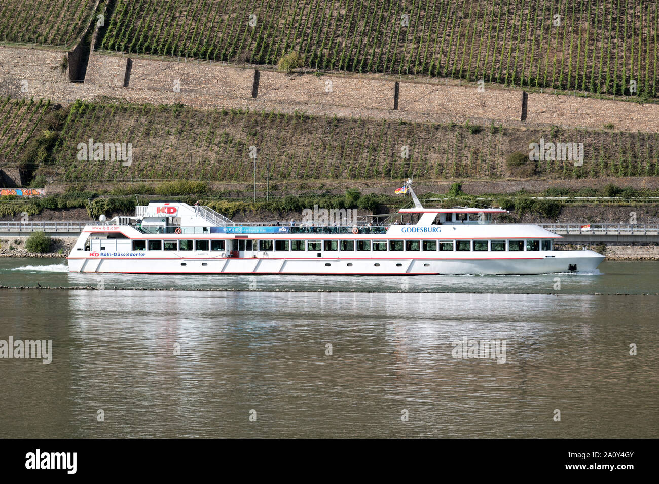 Escursione in barca di GODESBURG KD Köln Düsseldorfer sul fiume Reno. KD gestisce un totale di 13 navi sul Reno, principale e fiumi Mosella. Foto Stock