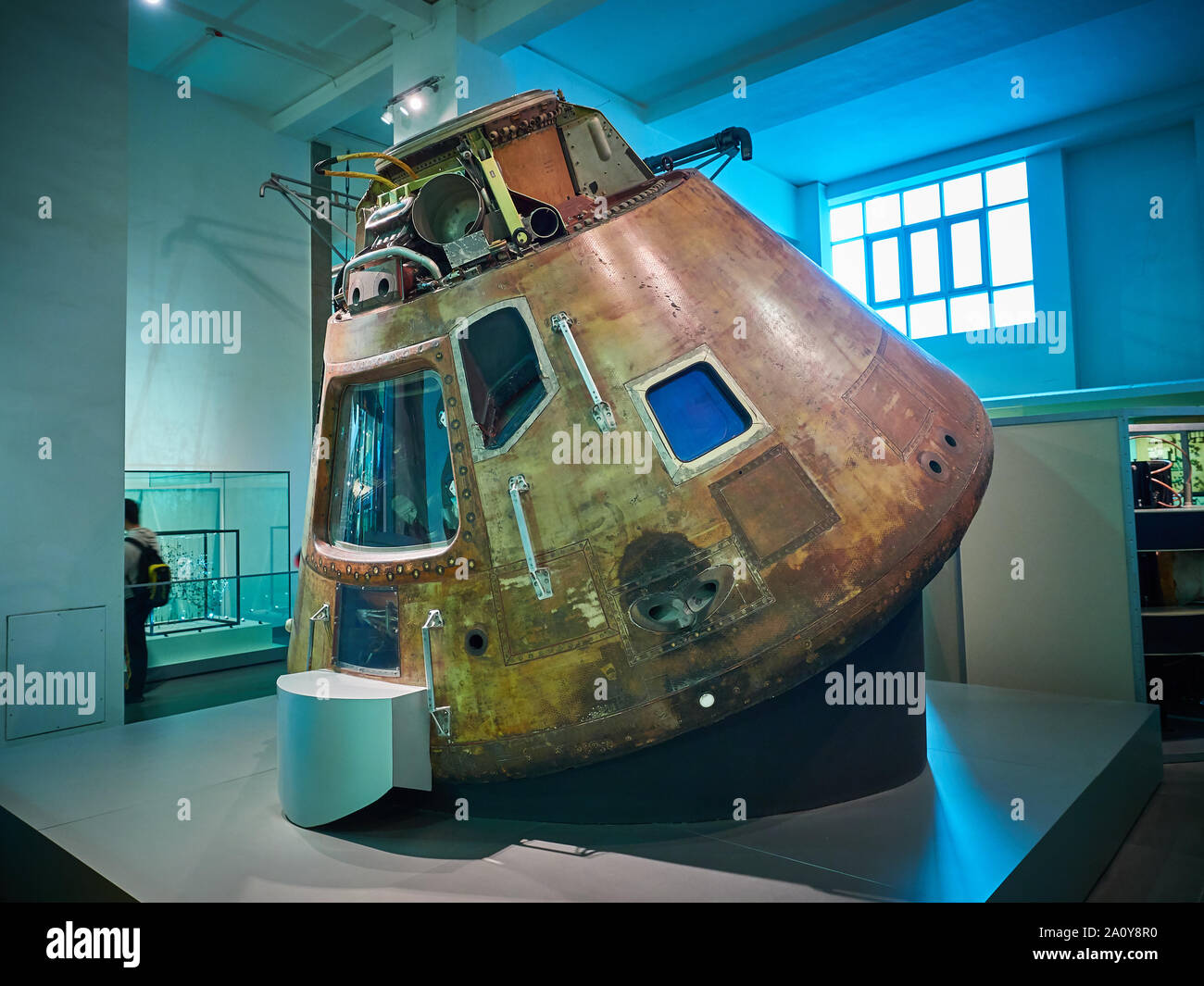 L'Apollo 10 capsula spaziale con equipaggio astronauti Thomas Stafford, John Young e Eugene Cernan sul display al British Science Museum di Londra Foto Stock