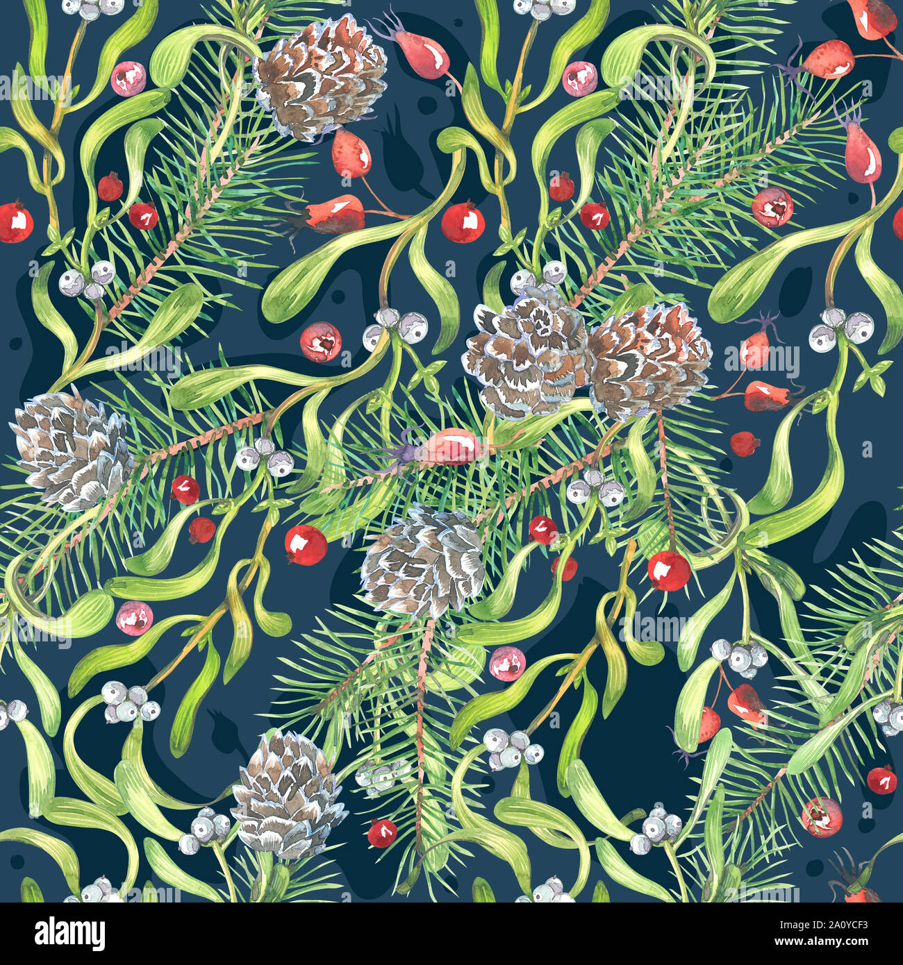 Acquerello pattern di Natale, l'elleboro fiori, vischio, bacche rosse per le feste a tema per decorazioni. Foto Stock