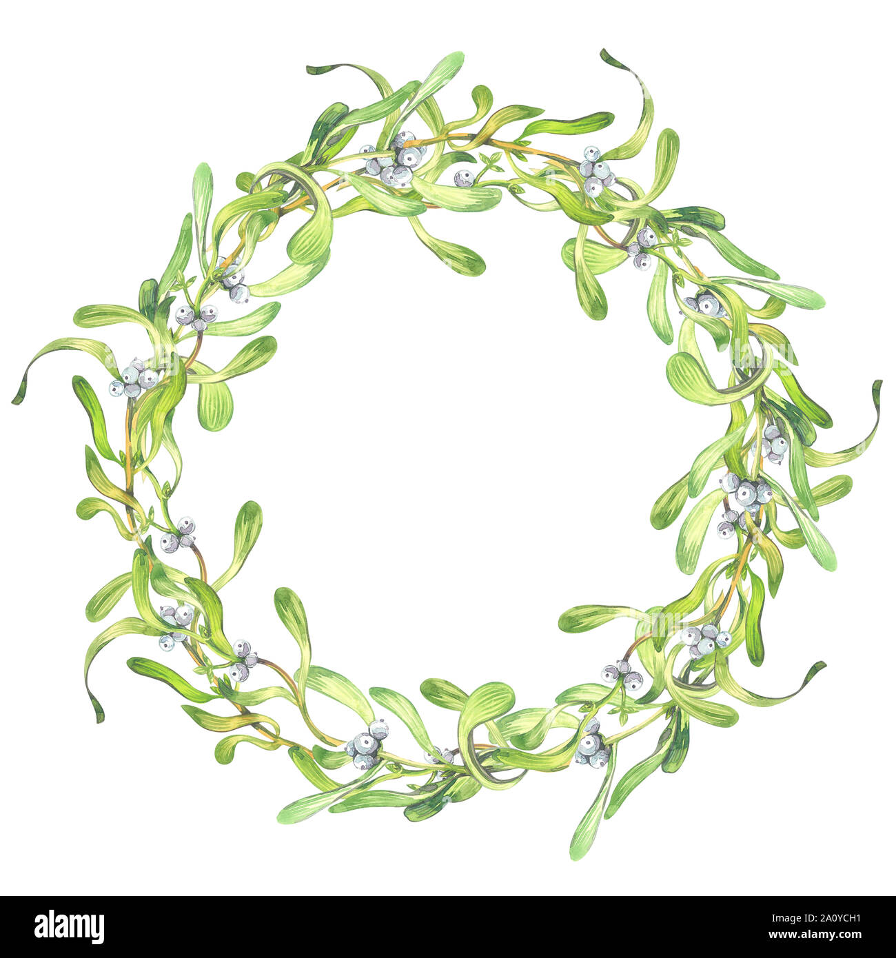 Ghirlanda di Natale telaio del vischio un dipinto ad acquerello su uno sfondo bianco con iscrizione Merry baci e più calorosi auguri. Illustratio a tema Foto Stock