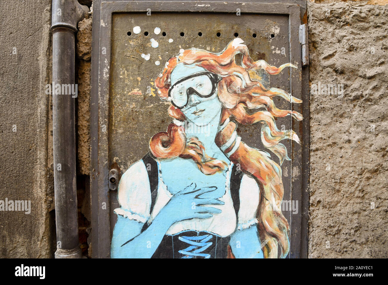 La vecchia porta di metallo di un contatore di gas con un'opera dell'artista di strada Blub ispirato alla Venere di Botticelli in una strada di Lucca, Toscana, Italia Foto Stock