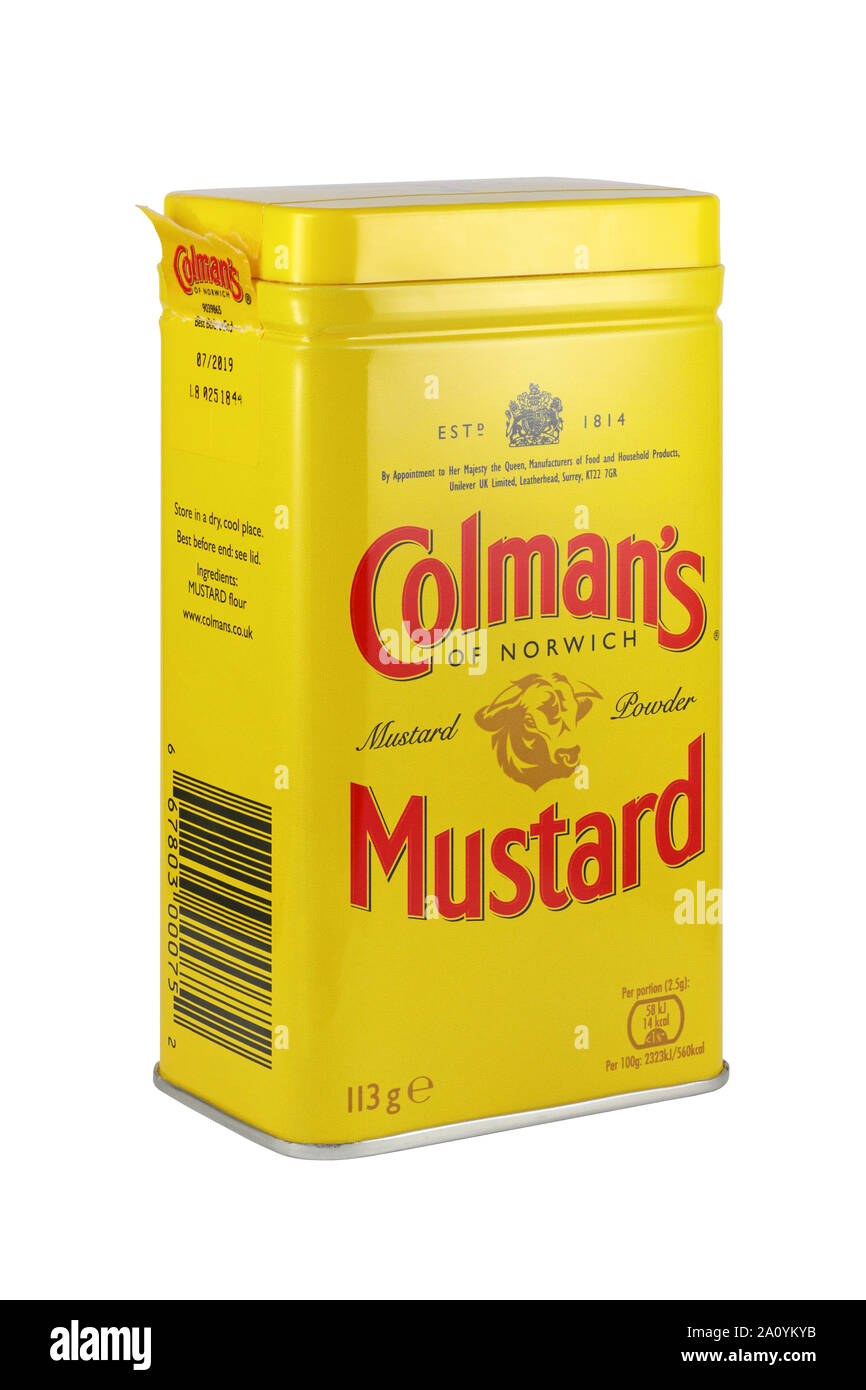 Una lattina di Colman's di Norwich mostarda in polvere isolata su uno sfondo bianco Foto Stock