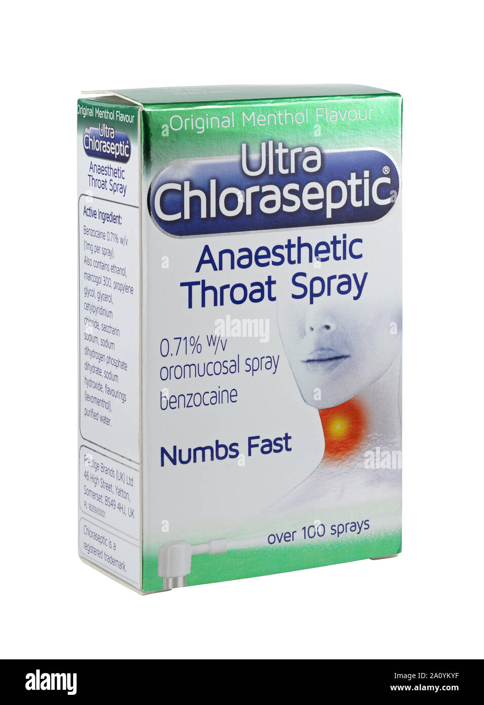 Una scatola di Ultra Chloraseptic originale sapore di mentolo anestetico Spray gola 0,71% w/v spray oromucosal benzocaina 1mg/spruzzo numbs fast isolate su un Foto Stock