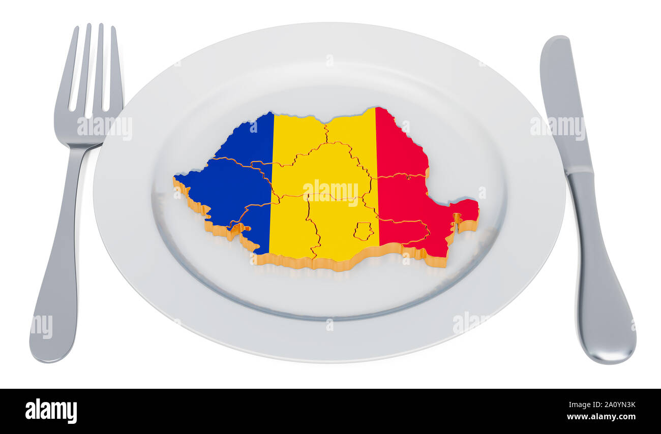 Cucina Rumena concetto. Piastra con la mappa di Romania. Il rendering 3D Foto Stock