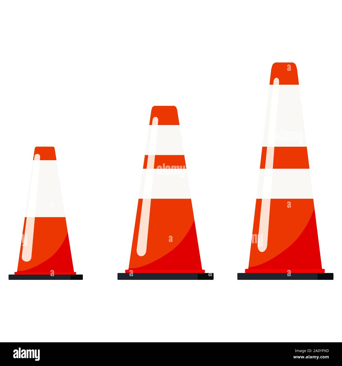Vector design piatto illustrazione del traffico di colore arancione set di coni con strisce riflettenti adesivi isolati su sfondo bianco. Illustrazione Vettoriale