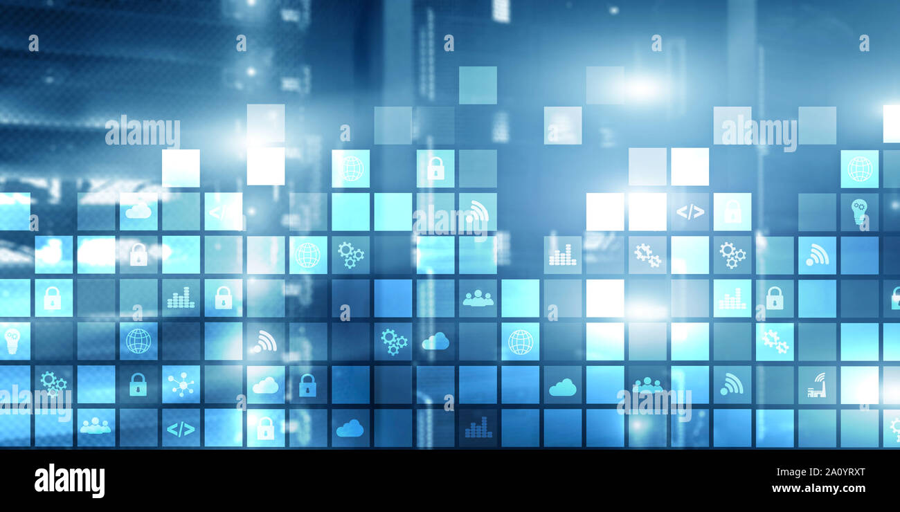 Abstract digitali pixel di sfondo icone sfocate moderna sala server. La tecnologia di telecomunicazione internet Iot di cosa di concetto Foto Stock