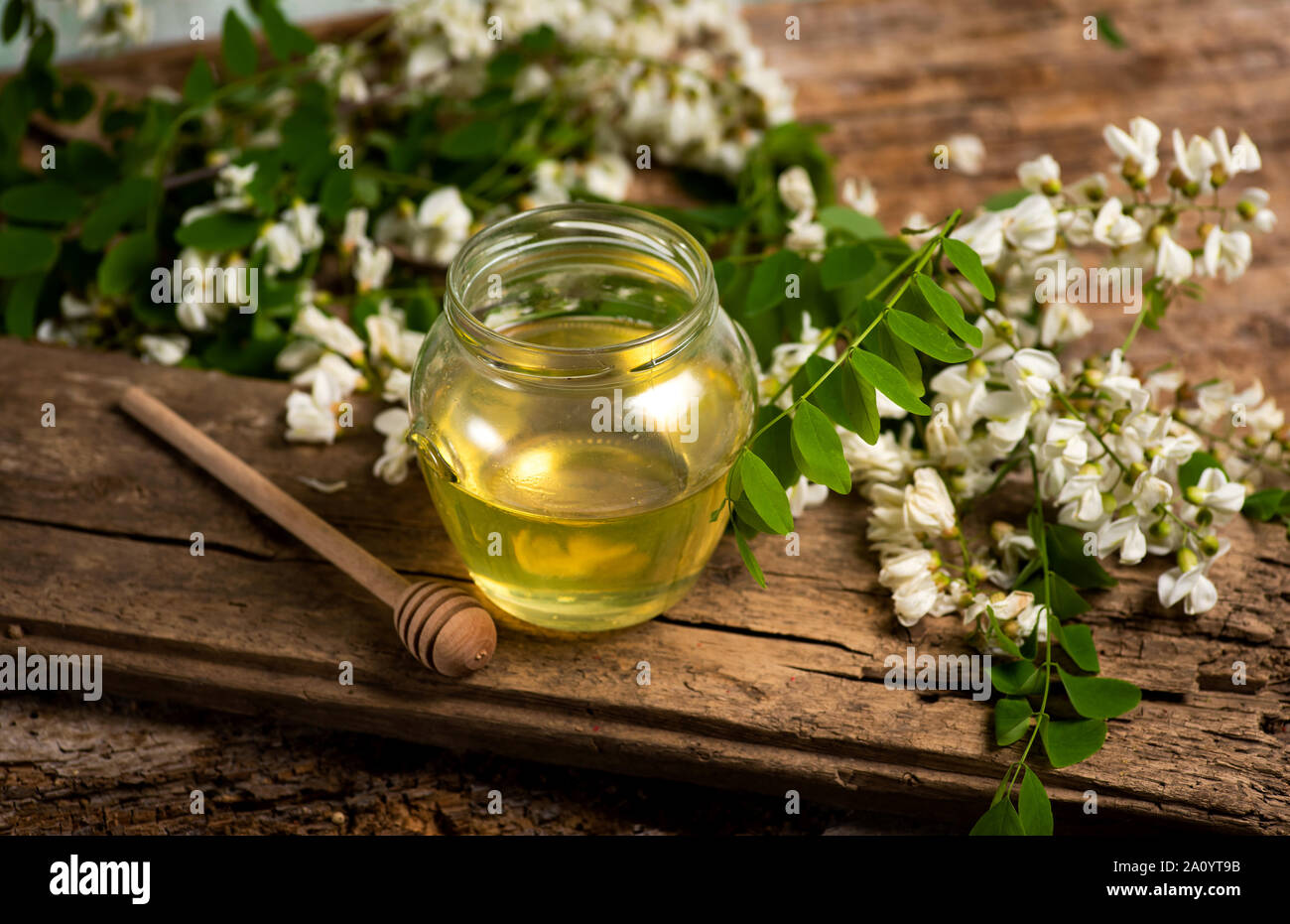 Il miele in un vaso con fiori di acacia su un tavolo Foto Stock