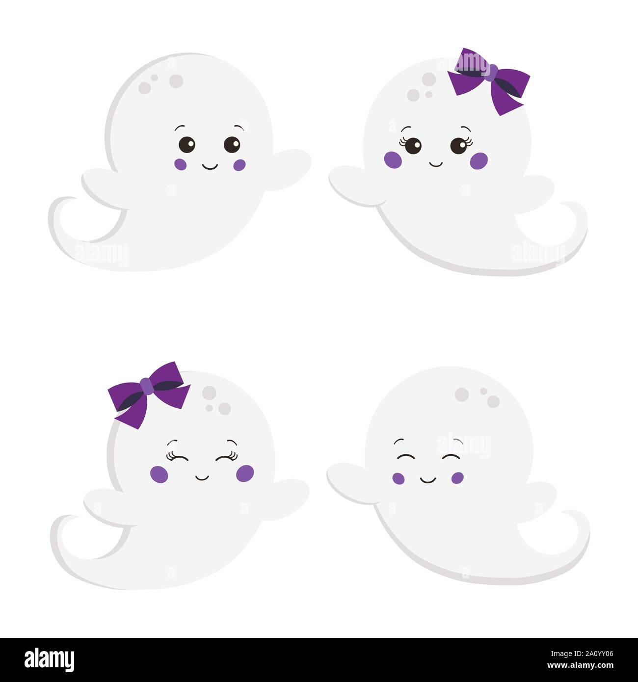 Illustrazione Vettoriale set di piatto dolce simpatico cartoon sorridente un ragazzo e una ragazza fantasma isolato su sfondo bianco. Illustrazione Vettoriale