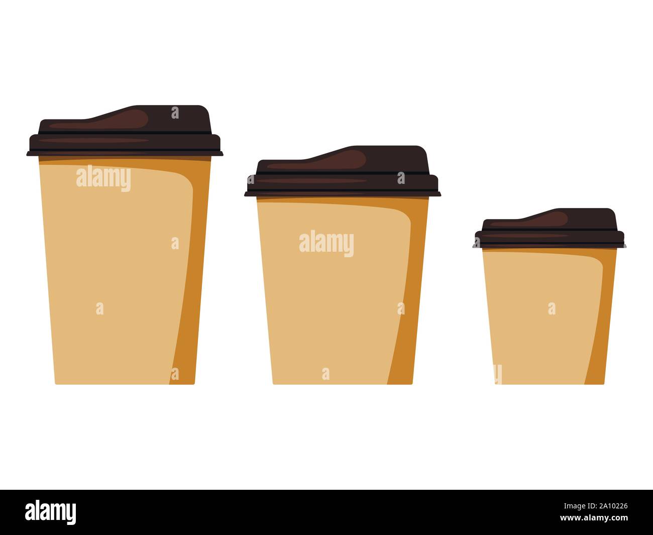 Isolato su sfondo bianco di carta monouso tazza da caffè con cappuccio set di dimensioni piccole, medie e grandi dimensioni, mock up modello. Illustrazione Vettoriale