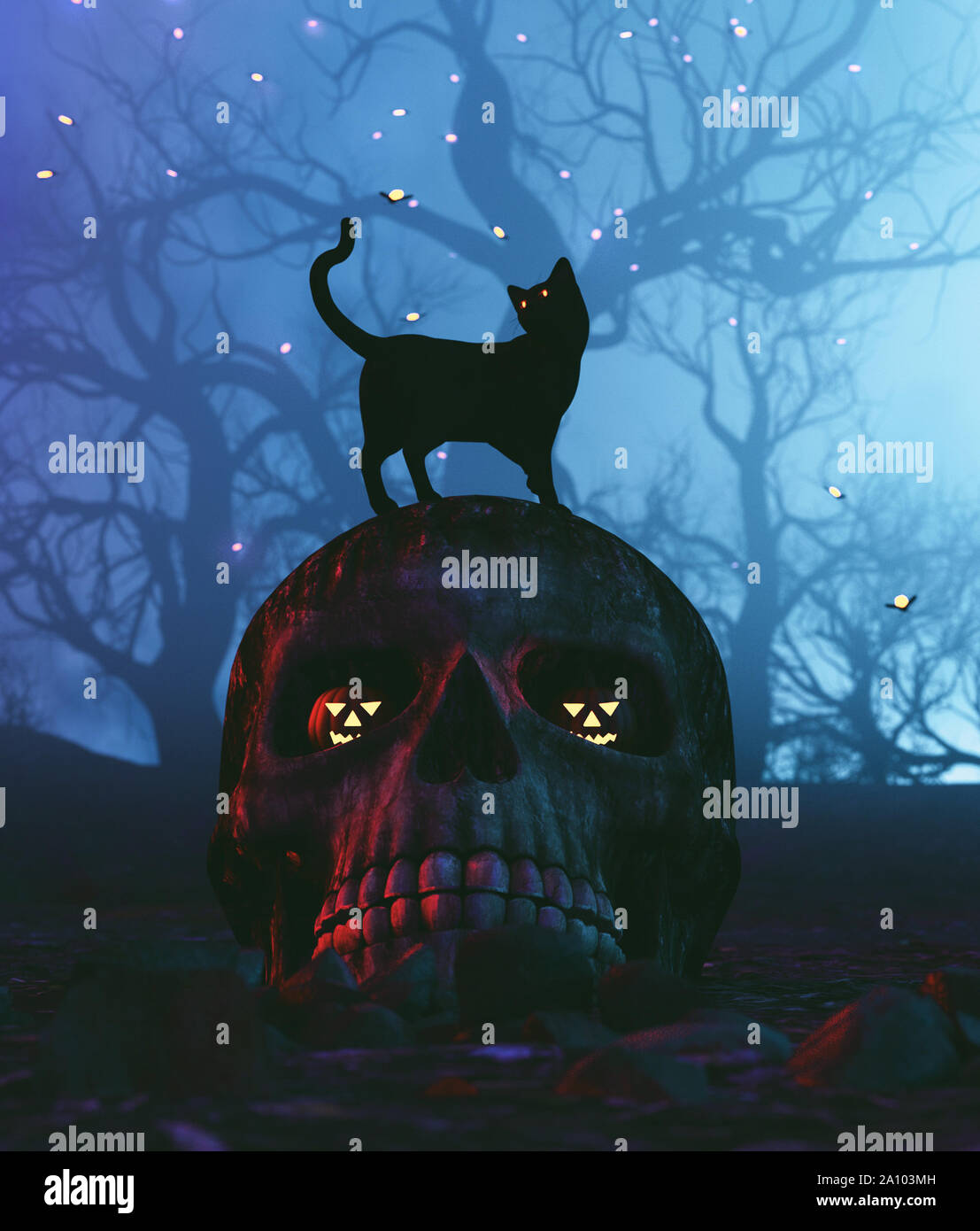 Gatto nero seduto sul cranio nella notte di Halloween,3d illustrazione Foto Stock