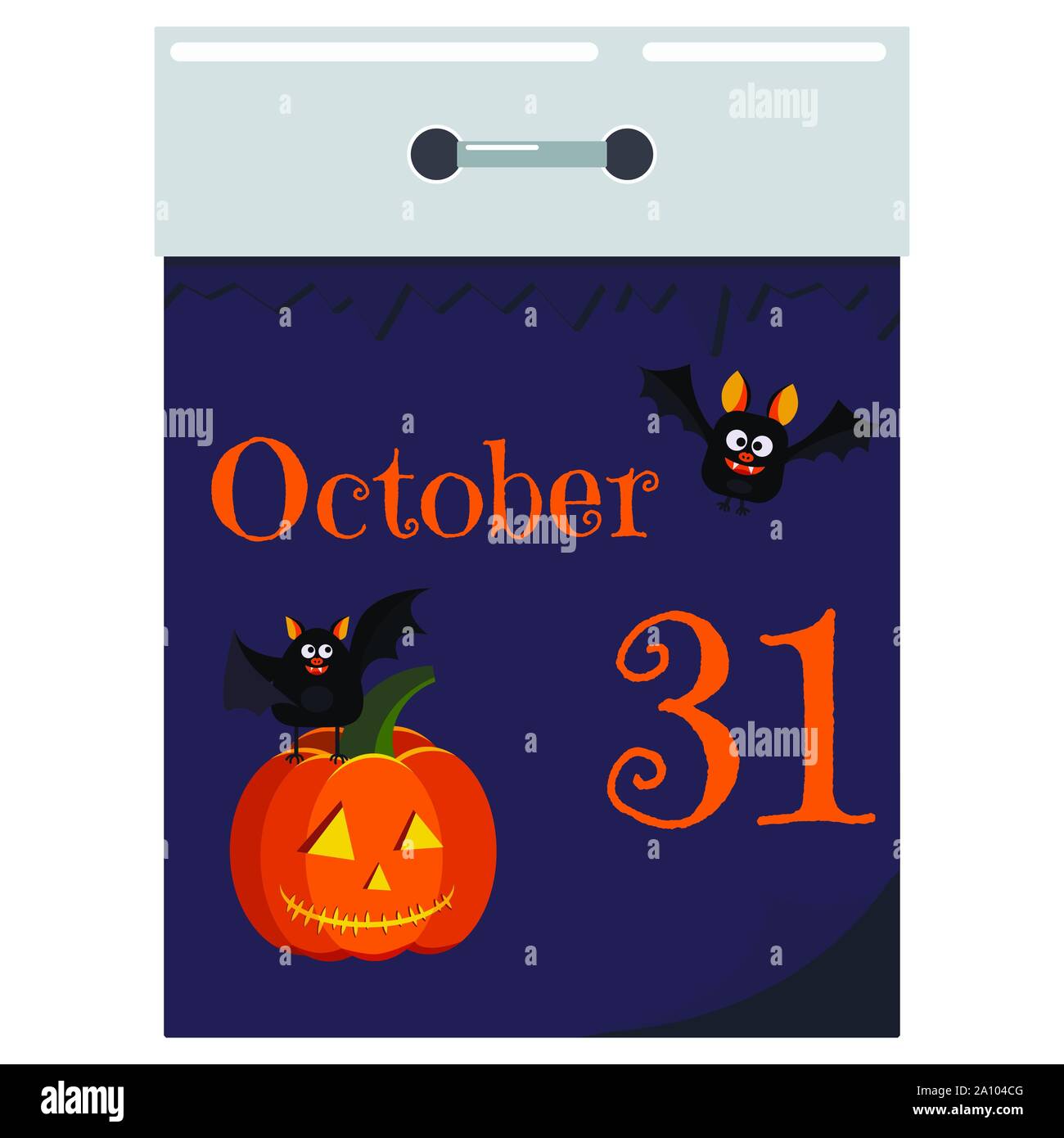 Vector piatta in stile fumetto illustrazione del 31 ottobre giorno strappare la carta calendario da parete con caratteri di Halloween. Illustrazione Vettoriale