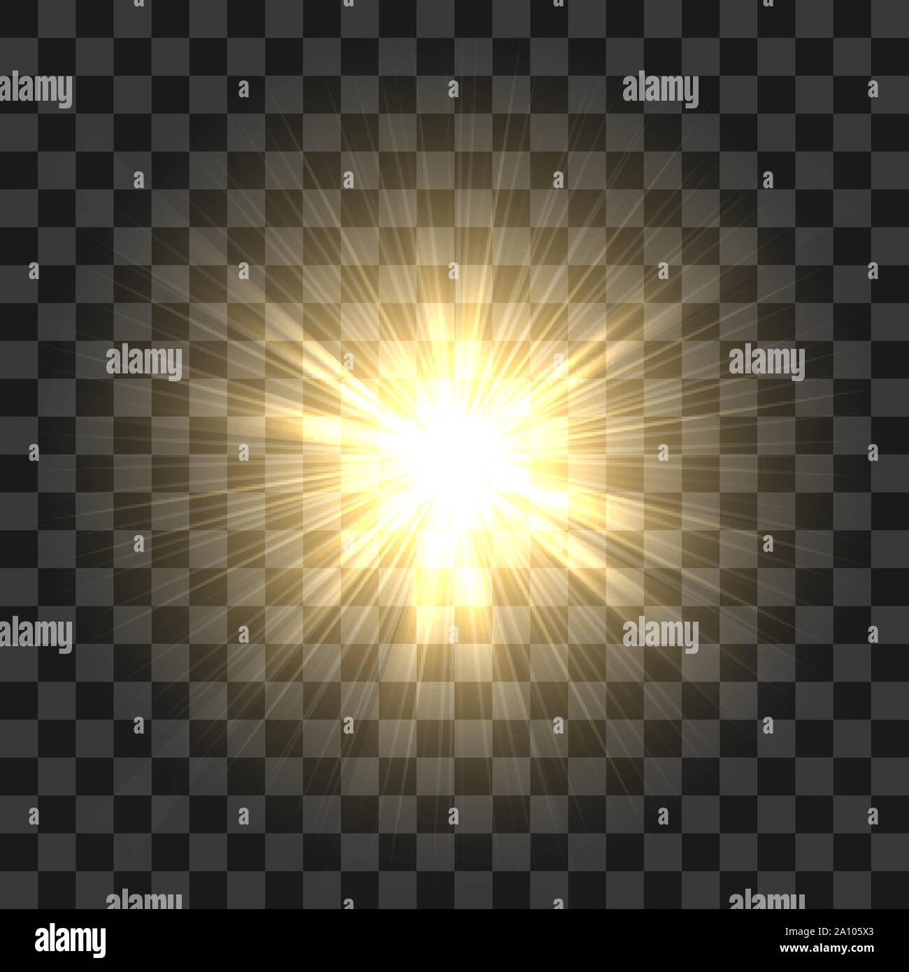 Realistico dei raggi solari. Il giallo sole ray glow abstract shine effetto luce sbeam starburst sole incandescente isolato su sfondo trasparente. Vector illust Illustrazione Vettoriale