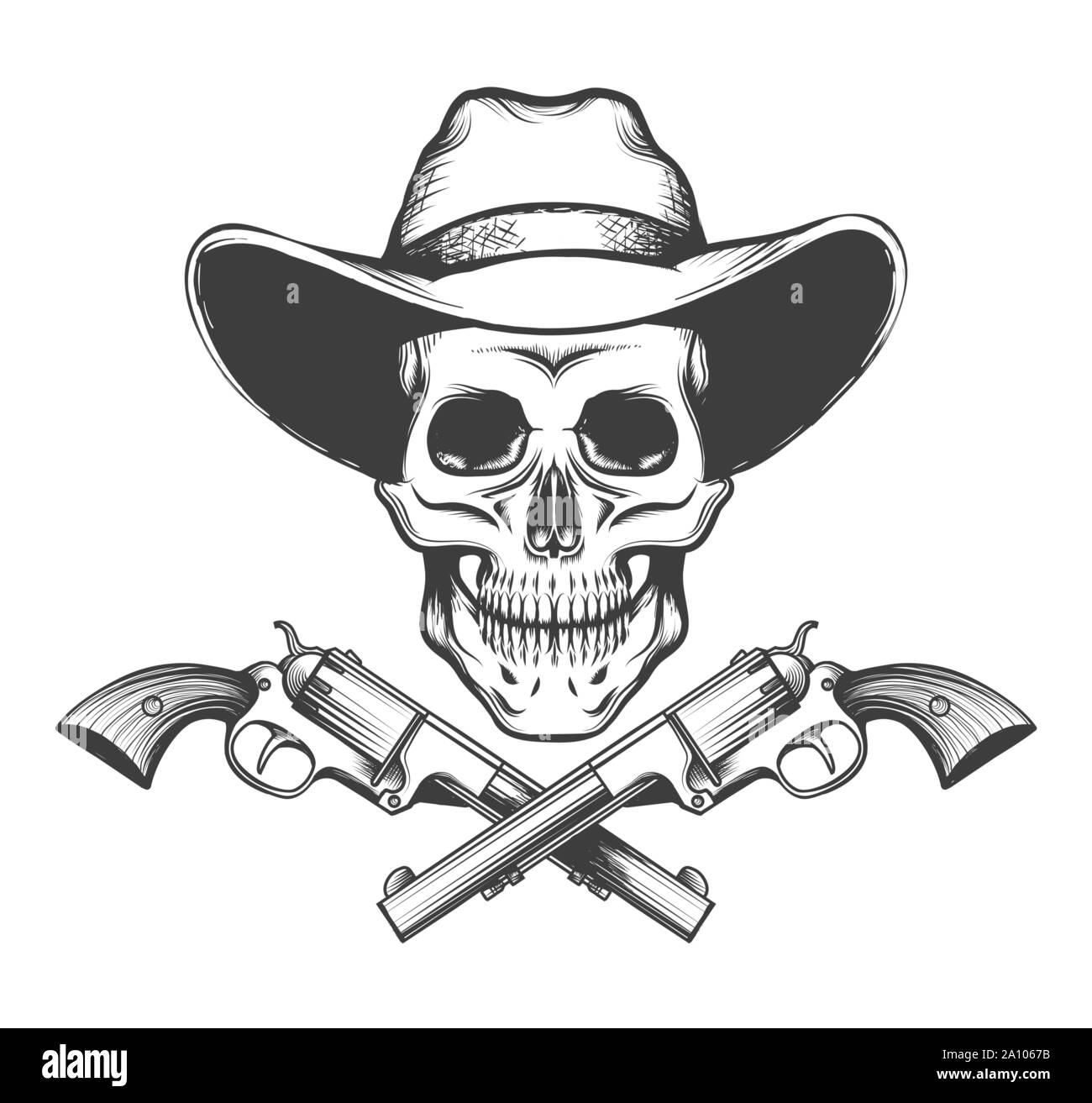 Cranio in un western hat e una coppia di attraversata pistole a mano disegnato in stile tatuaggio. Illustrazione Vettoriale. Illustrazione Vettoriale